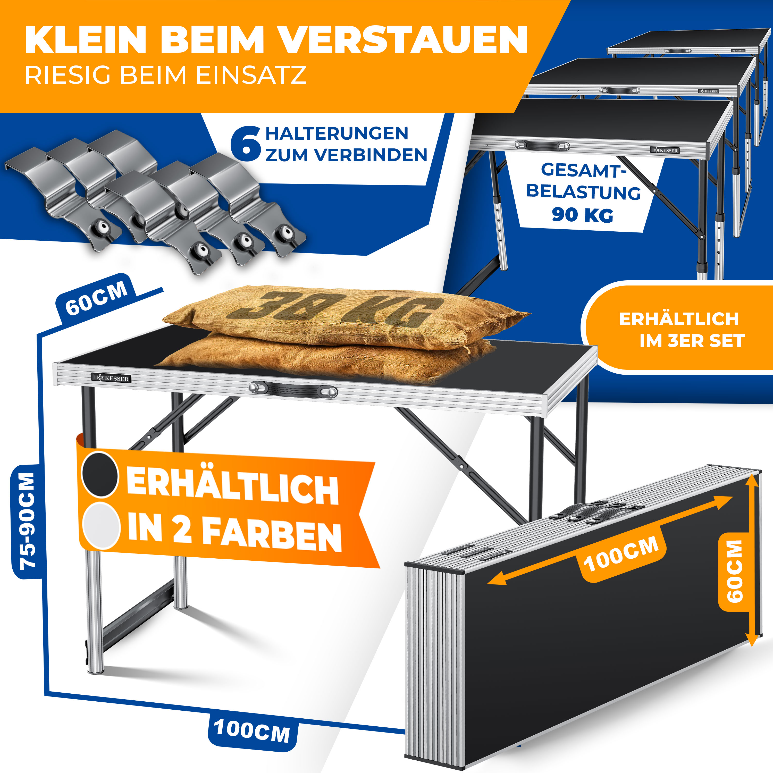 KESSER® Multifunktionstisch Profi 3- teilig, 100 x 60 cm, Tapeziertisch 30kg Tragkraft je Tisch Mit Ausziehfunktion Klapptisch Flohmarktisch