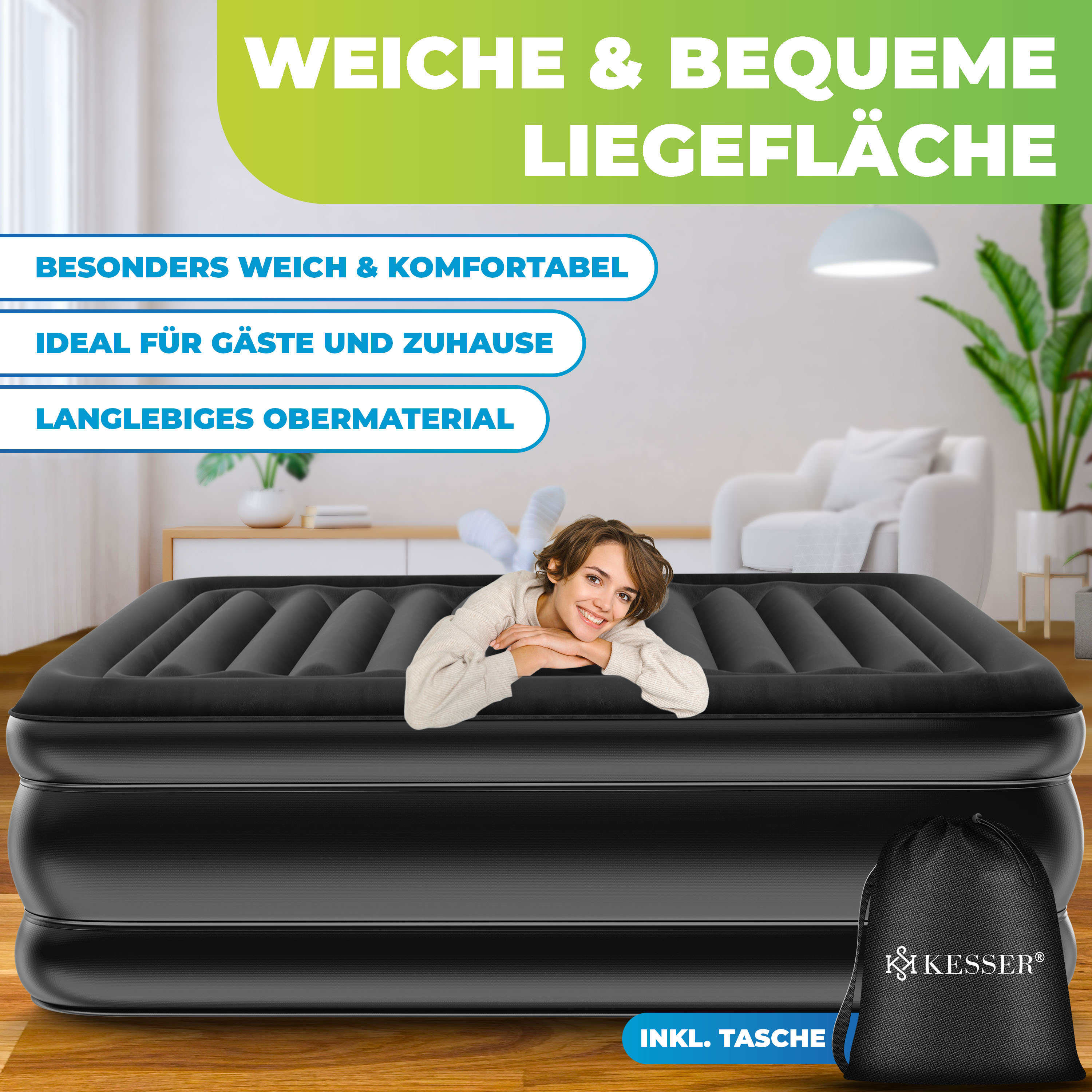 KESSER® Aufblasbare Matratze Luftbett mit eingebauter elektrischer Pumpe integrierte erhöhte aufblasbare Matratze für Übernachtungsgäste mit Aufbewahrungstasche | eShopping