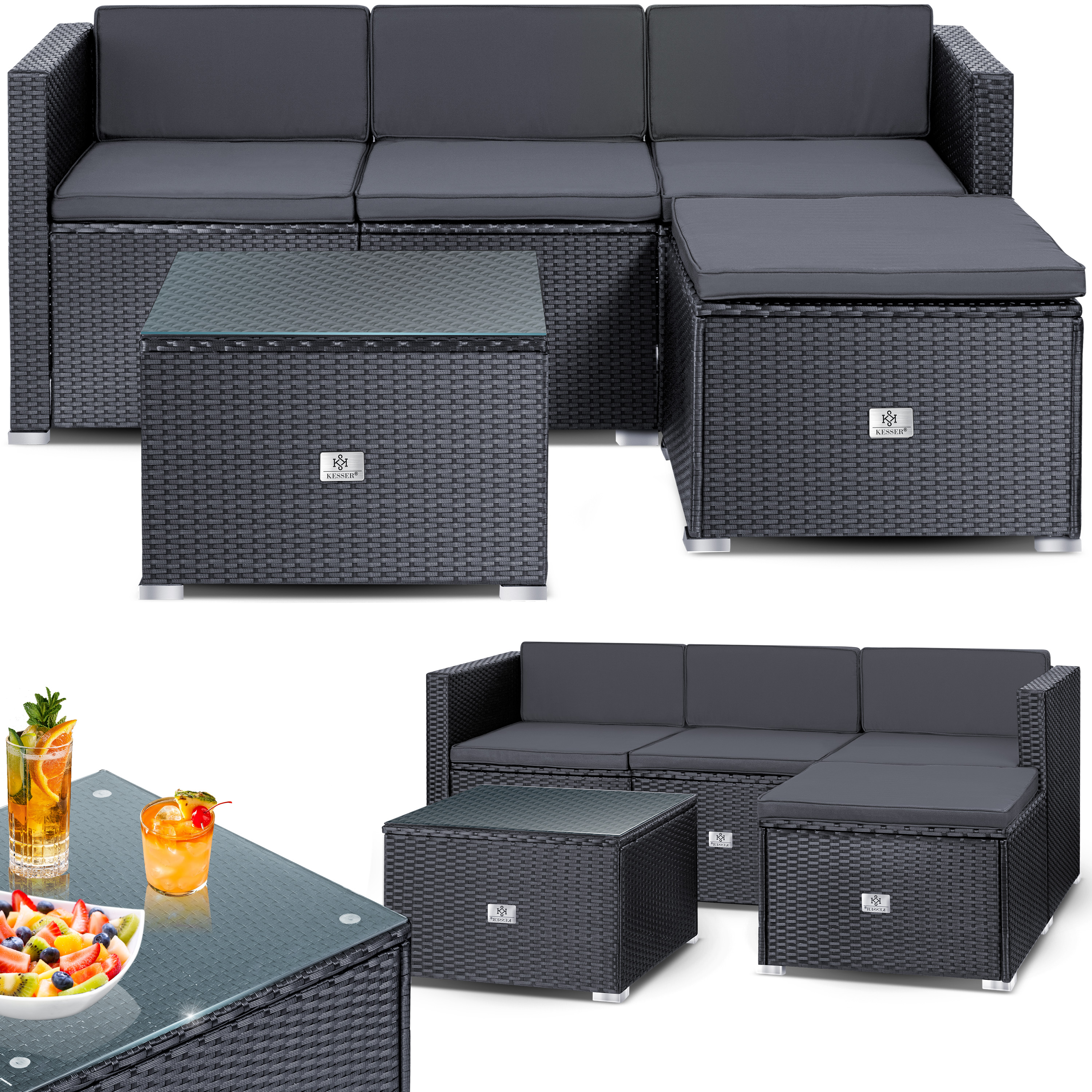 KESSER® Polyrattan Lounge Aruba – Gartenlounge für 3-4 Personen Gartenmöbel-Set Sitzgruppe aus 3er Gartensofa, Sessel, Hocker und Beistelltisch mit