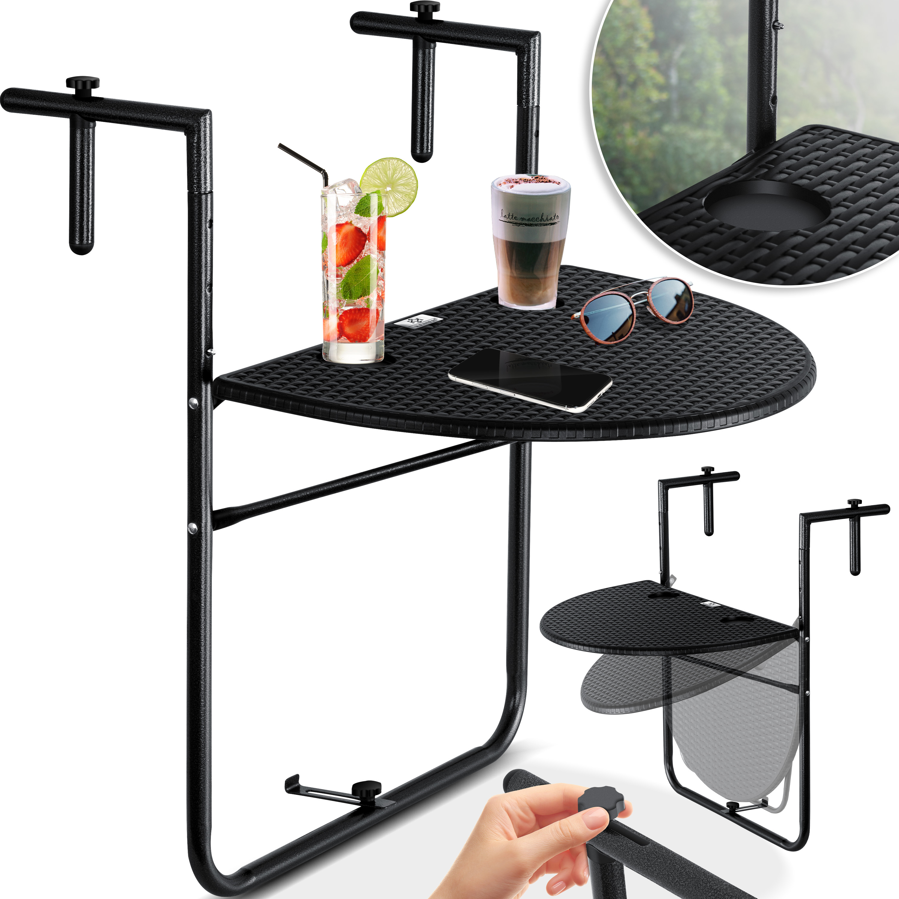 KESSER® Balkonhängetisch klappbar Balkontisch zum Einhängen Balkon Hängetisch 3-fach höhenverstellbarer Klapptisch Balkongeländer wetterfest mit 2x