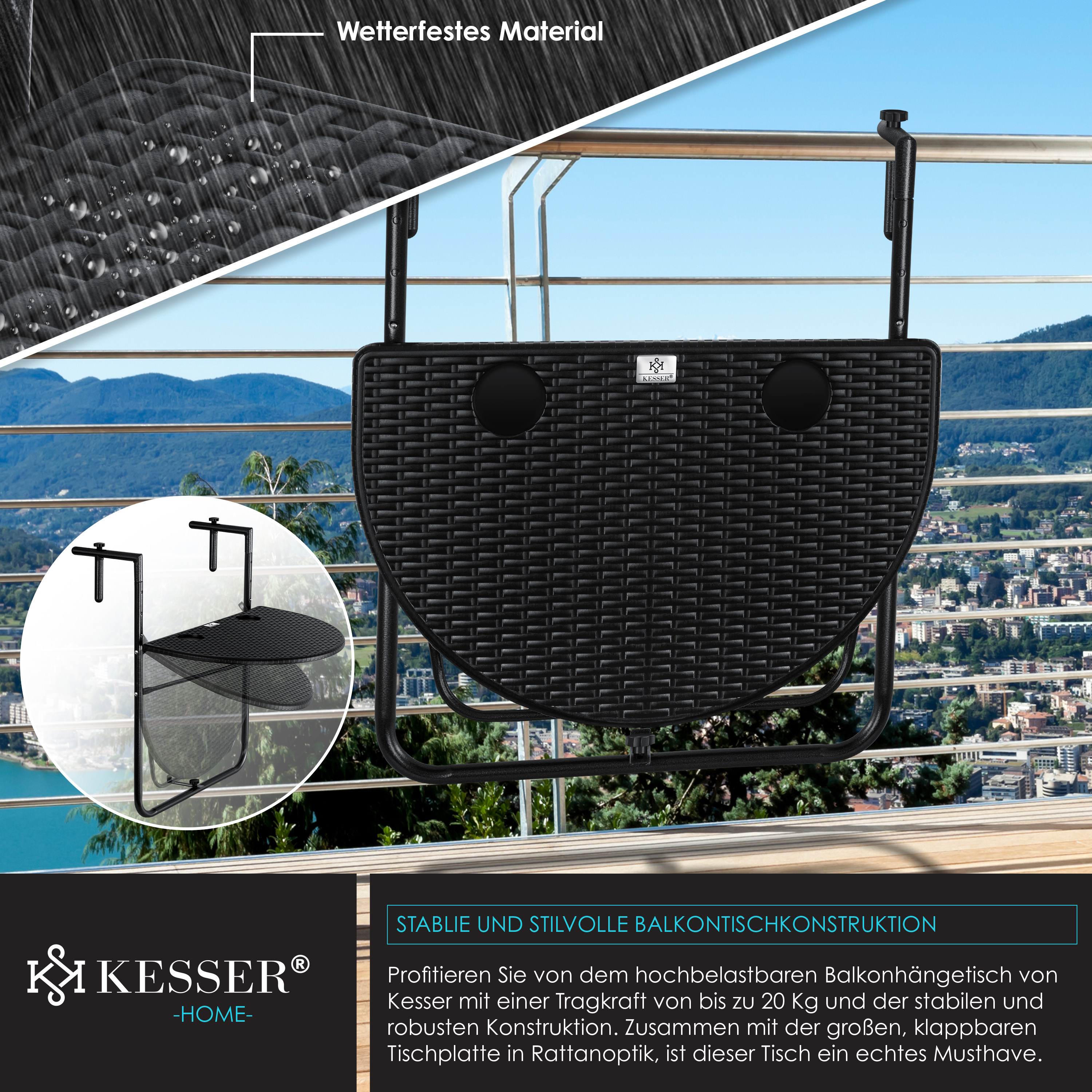 KESSER® Balkonhängetisch klappbar Balkontisch zum Einhängen Balkon Hängetisch 3-fach höhenverstellbarer Klapptisch Balkongeländer wetterfest mit 2x Getränkeplätze Tischplatte BxT: 62 x 60 cm | eShopping