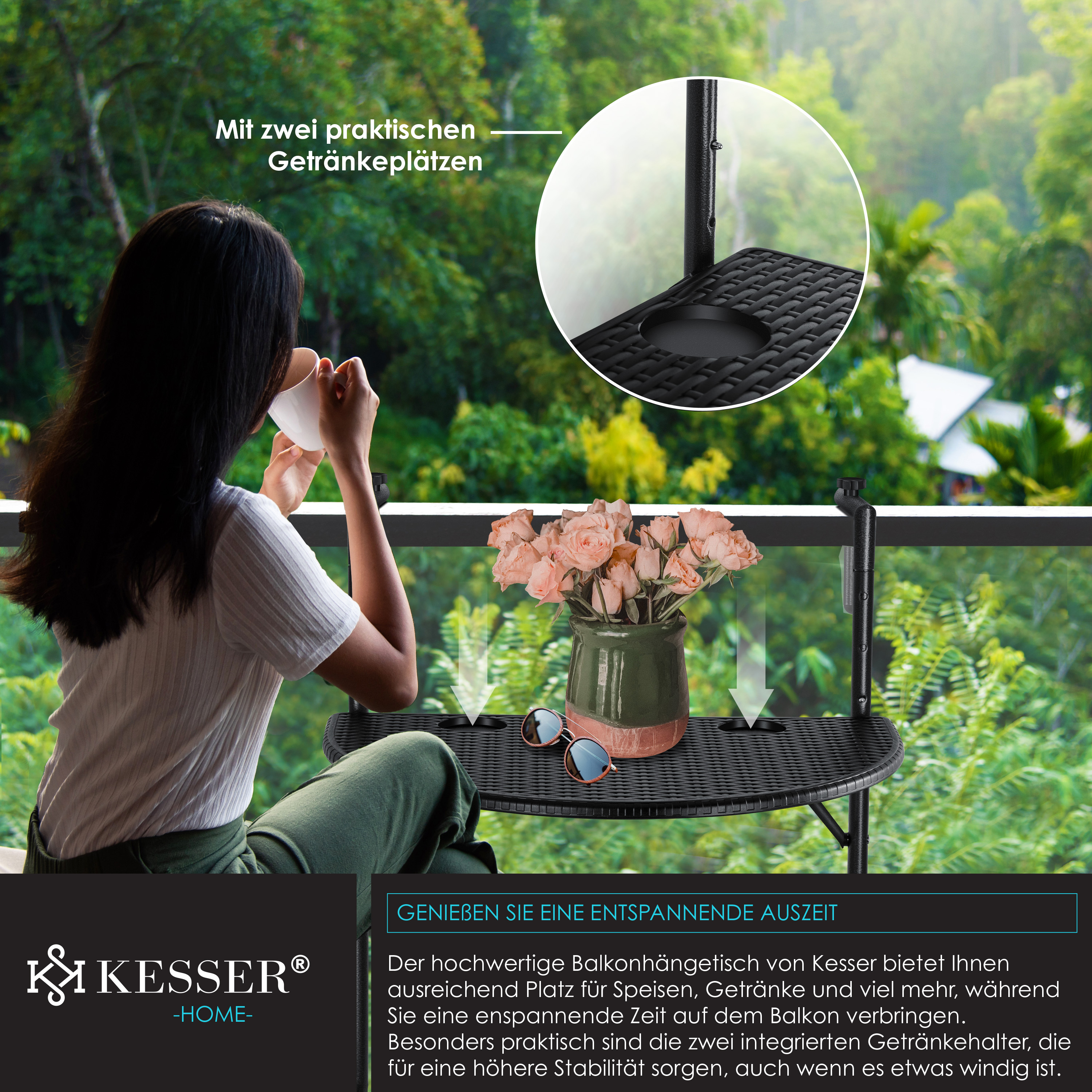 KESSER® Balkonhängetisch klappbar Balkontisch zum Einhängen Balkon Hängetisch 3-fach höhenverstellbarer Klapptisch Balkongeländer wetterfest mit 2x Getränkeplätze Tischplatte BxT: 62 x 60 cm | eShopping
