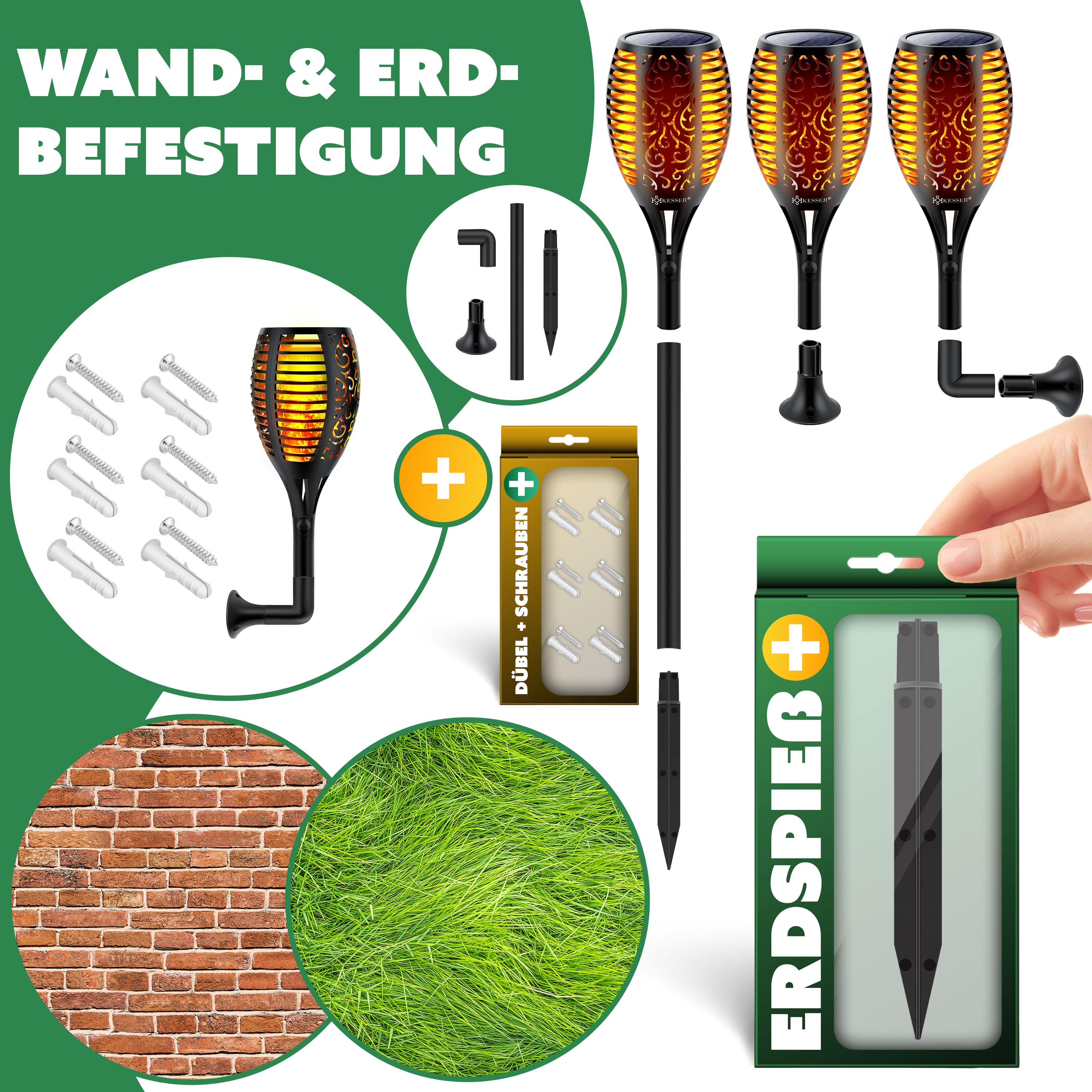 KESSER® Gartenfackel Solar Set Solarleuchten Flamme mit Wandhalterung + Erdspieß Licht-Sensor Wetterfest Garten Solarleuchte Fackel Lichter LED