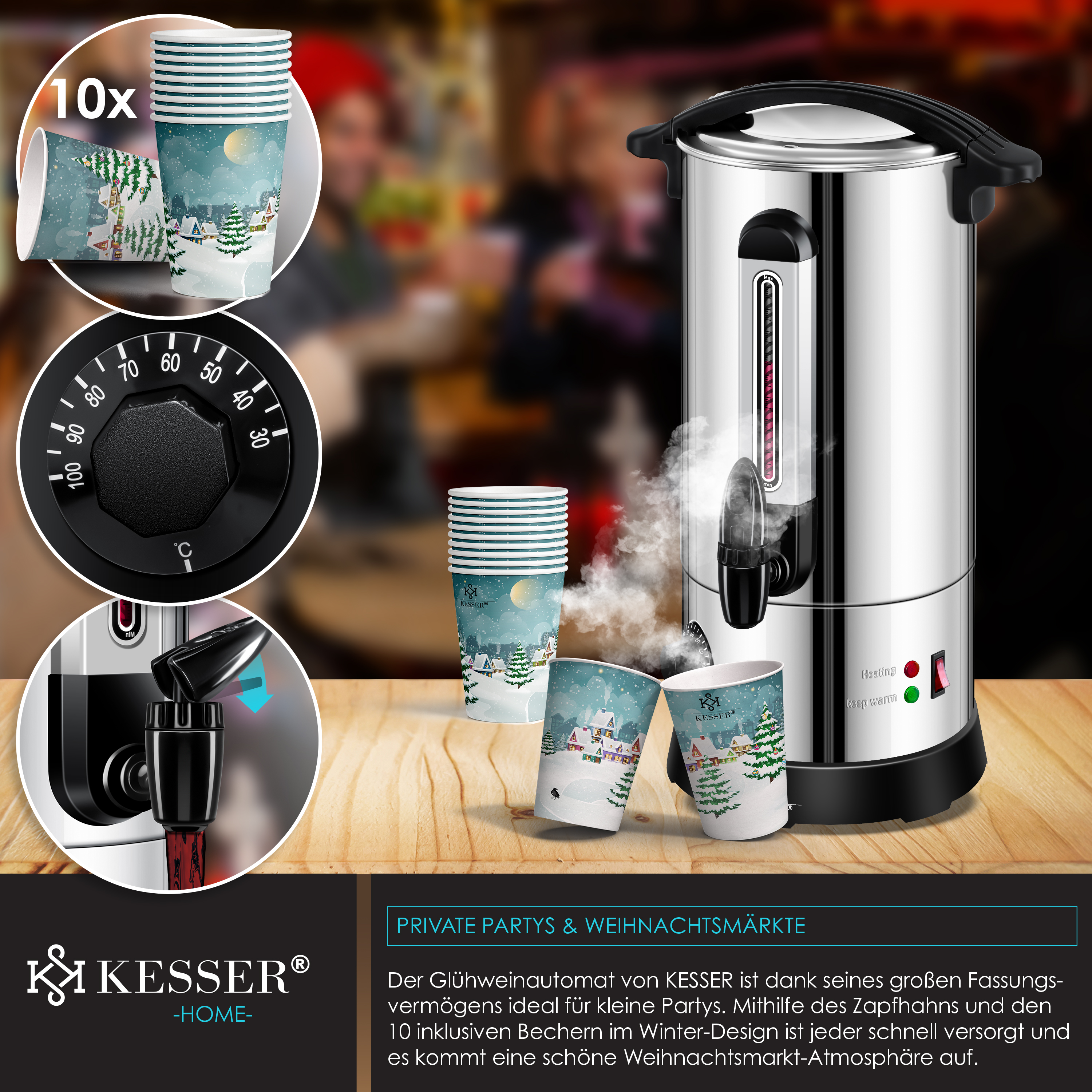 KESSER® Glühweinkessel 10L Edelstahl Inkl. 10x Becher Glühweinkocher mit Thermostat Glühweinautomat Heißgetränkeautomat Wasserkocher Heißwasserspender