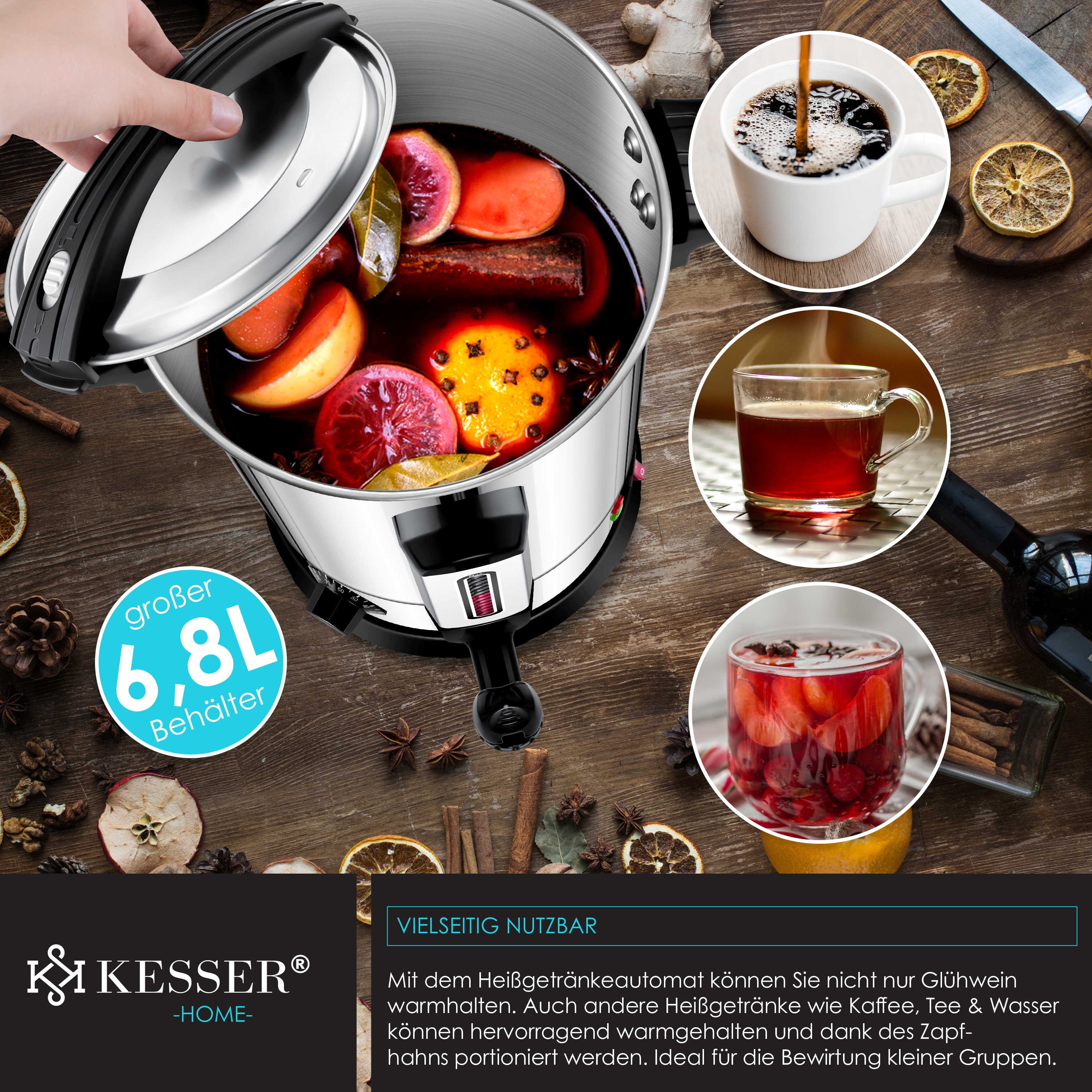KESSER® Glühweinkessel 10L Edelstahl Inkl. 10x Becher Glühweinkocher mit Thermostat Glühweinautomat Heißgetränkeautomat Wasserkocher Heißwasserspender Einkochautomat Füllstandanzeige Zapfhahn | eShopping