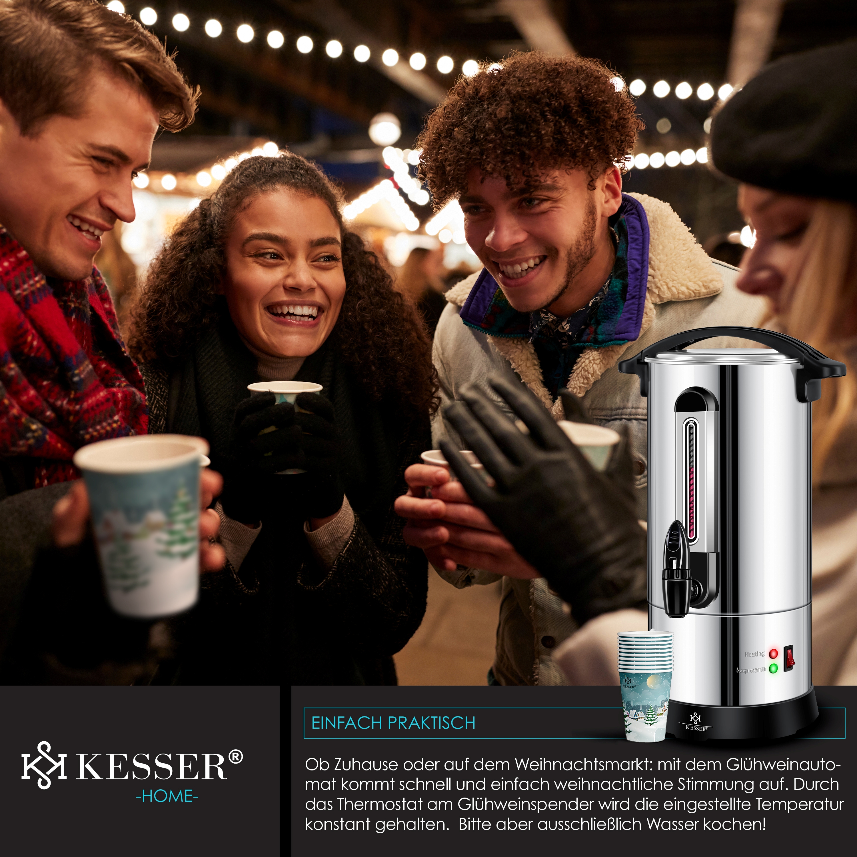 KESSER® Glühweinkessel 10L Edelstahl Inkl. 10x Becher Glühweinkocher mit Thermostat Glühweinautomat Heißgetränkeautomat Wasserkocher Heißwasserspender Einkochautomat Füllstandanzeige Zapfhahn | eShopping