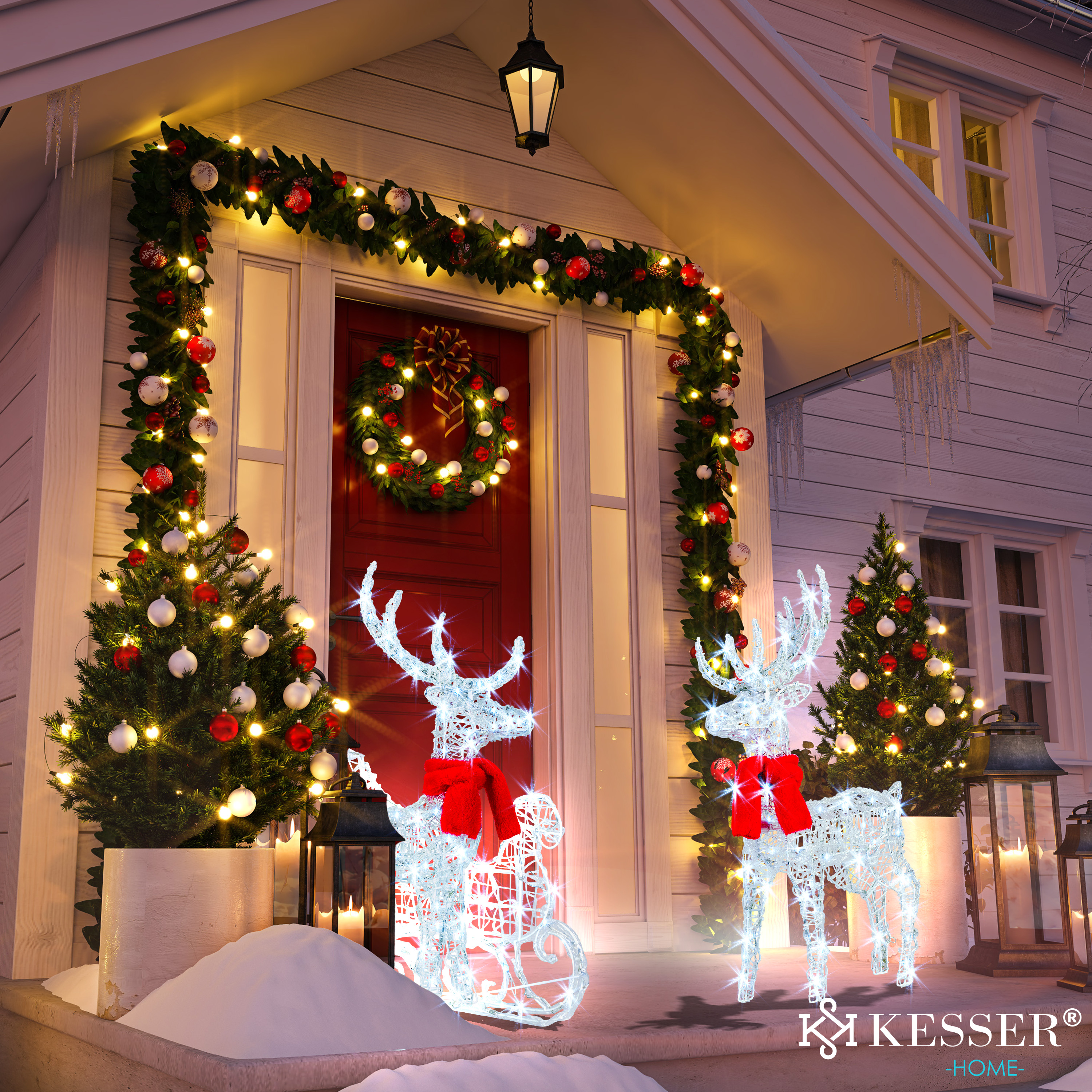 KESSER® 240er LED Rentiere mit Schlitten weiß Timer Weihnachtsbeleuchtung für außen und innen Weihnachtsfigur Weihnachtsdekoration | eShopping