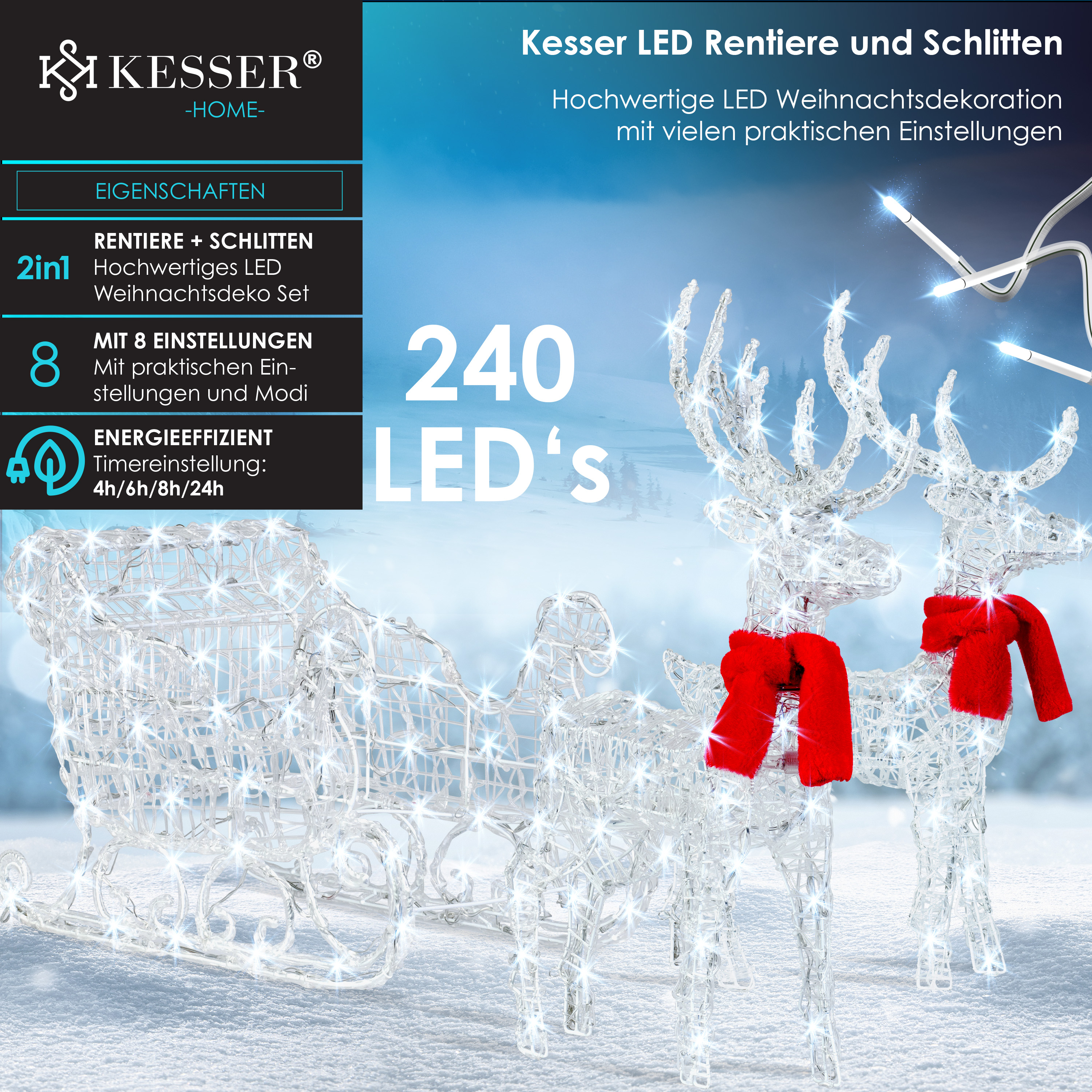 KESSER® 240er LED Rentiere mit Schlitten weiß Timer Weihnachtsbeleuchtung für außen und innen Weihnachtsfigur Weihnachtsdekoration | eShopping