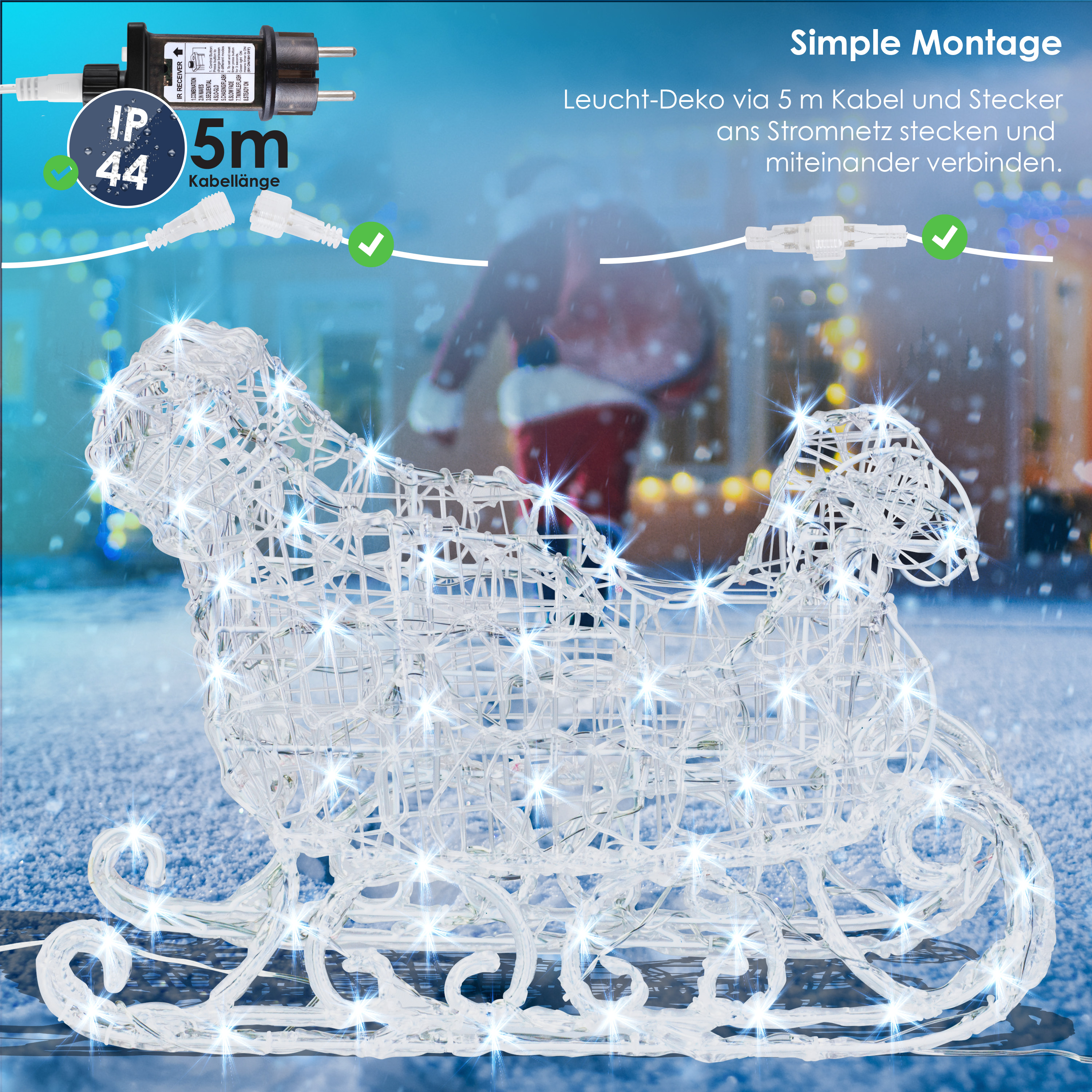 KESSER® 240er LED Rentiere mit Schlitten weiß Timer Weihnachtsbeleuchtung für außen und innen Weihnachtsfigur Weihnachtsdekoration