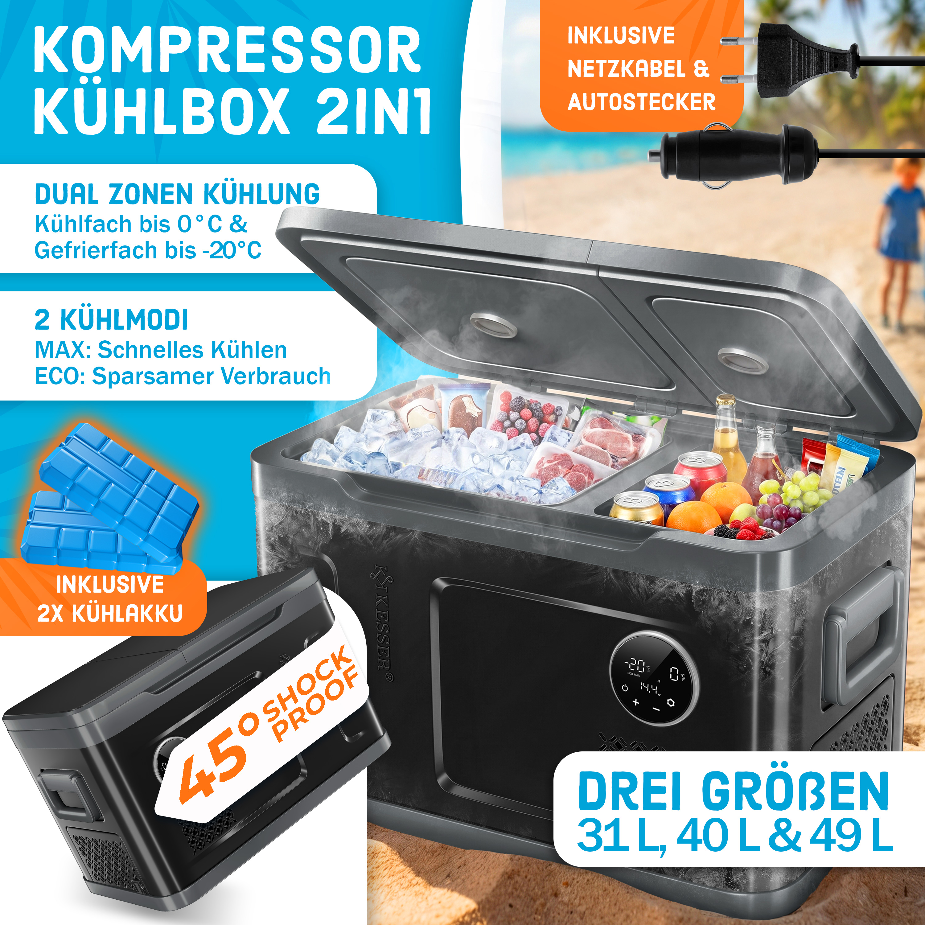 KESSER® Kompressor Kühlbox 2in1 Doppelzone Kühl- & Gefrierfach, elektrisch Gefrierbox LED-Touch-Bedienung inkl. 2x Kühlakkus 12/24 V 230V, Kühlschrank