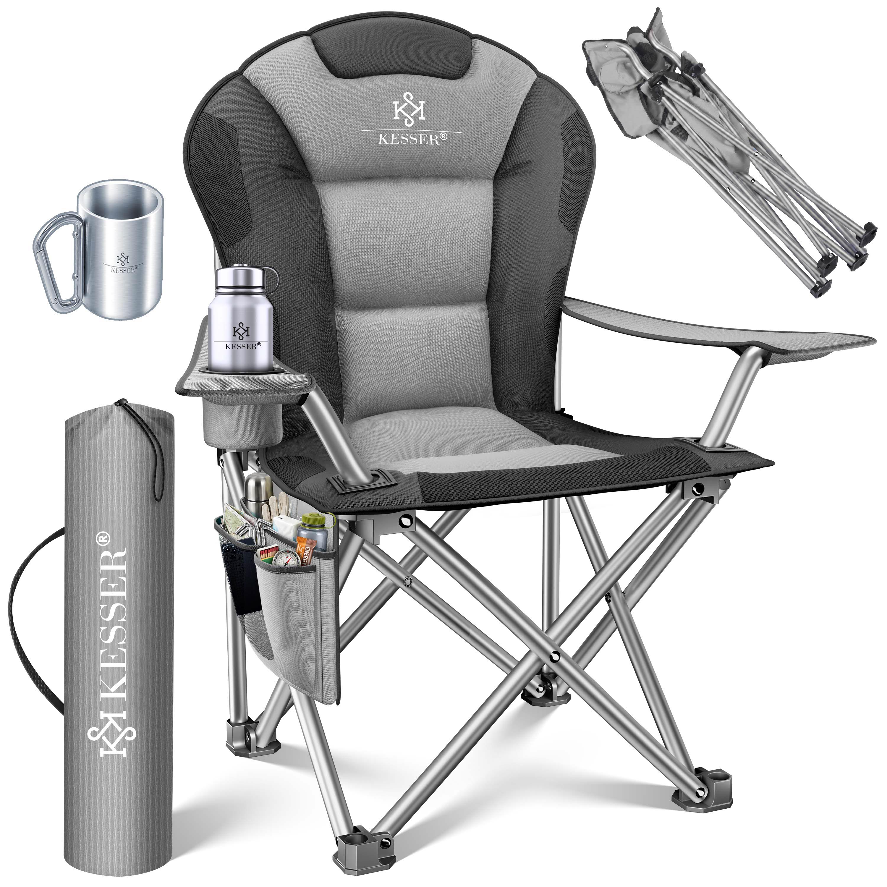 KESSER® Campingstuhl faltbar bis 150 kg Angelstuhl Faltstuhl Klappstuhl Gepolstert mit Armlehnen, Getränkehalter + Tasche mit hoher Rückenlehne, Strandstuhl, Klapphocker | eShopping