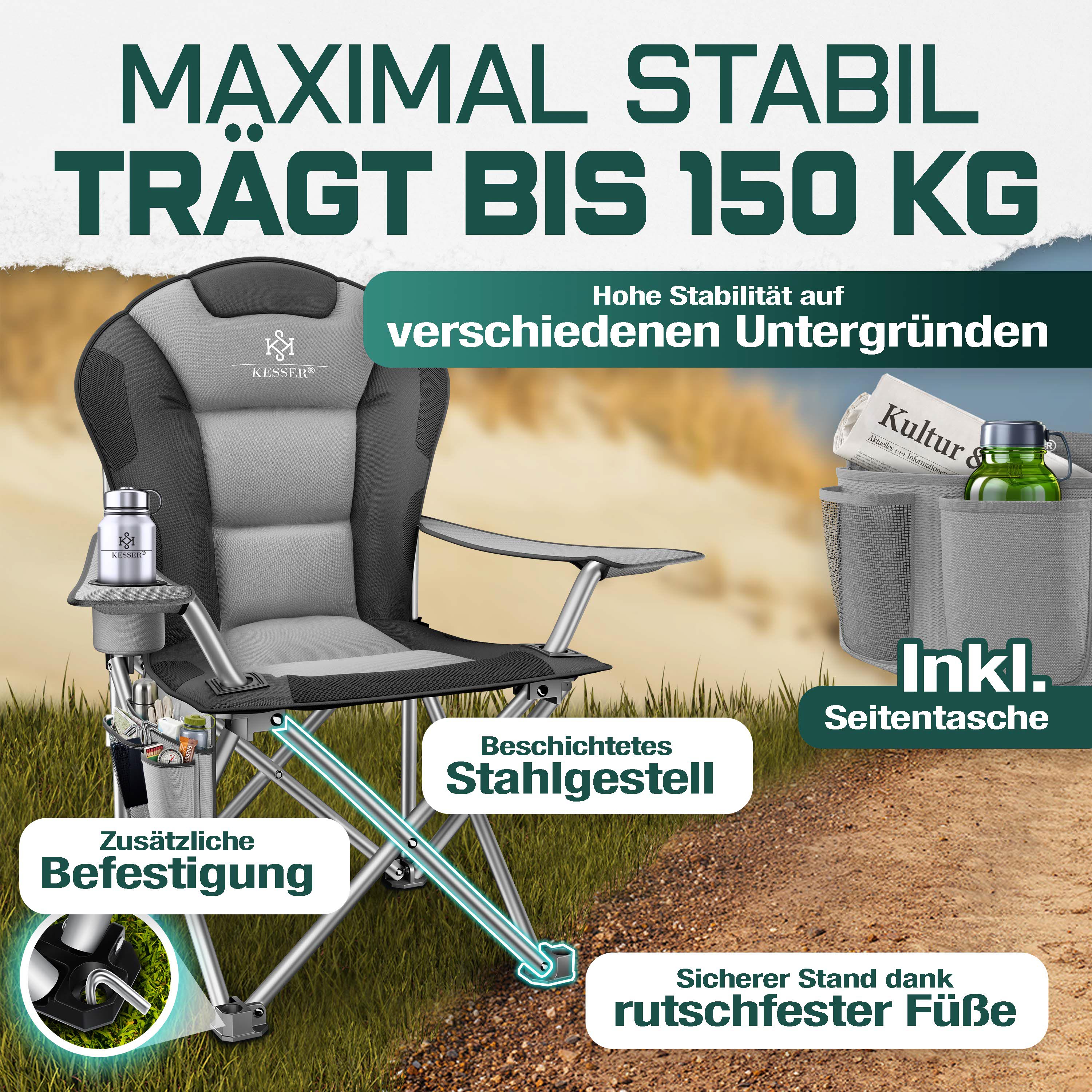 KESSER® Campingstuhl faltbar bis 150 kg Angelstuhl Faltstuhl Klappstuhl Gepolstert mit Armlehnen, Getränkehalter + Tasche mit hoher Rückenlehne,