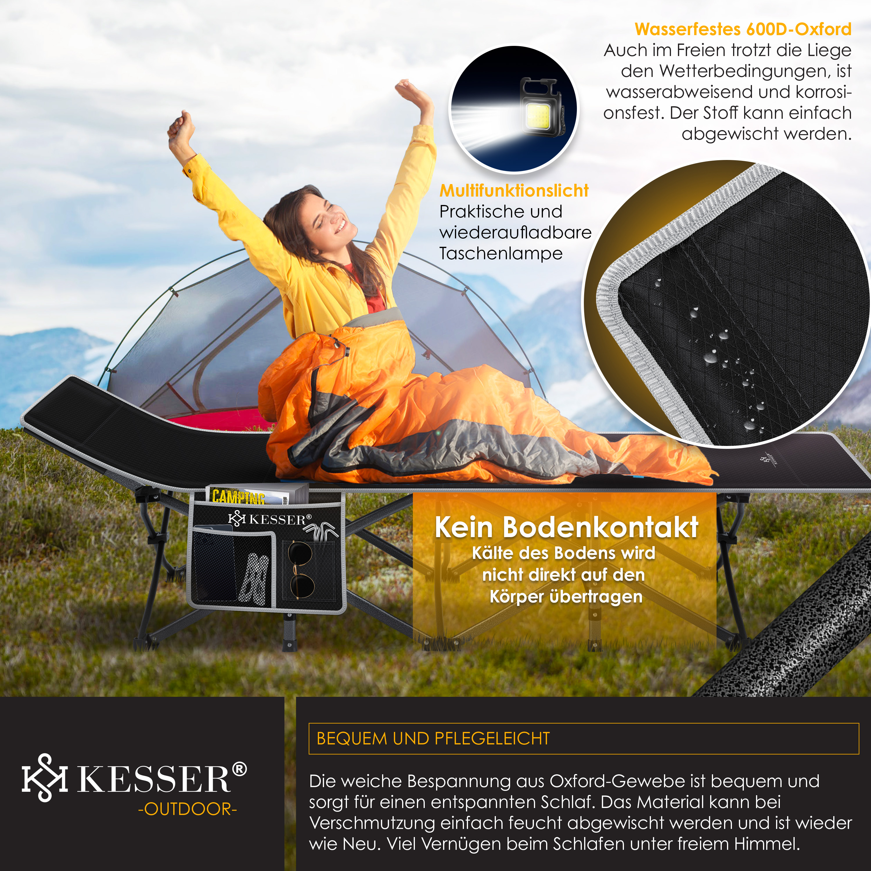 KESSER® Campingbett Feldbett Klappbar Klappbett Campingliege inkl. Tragetasche + Seitentasche Stabiles Feldbett 250kg Belastbar Metallrohr 600D Oxfordgewebe Tragbar Liege Reise Bequem | eShopping