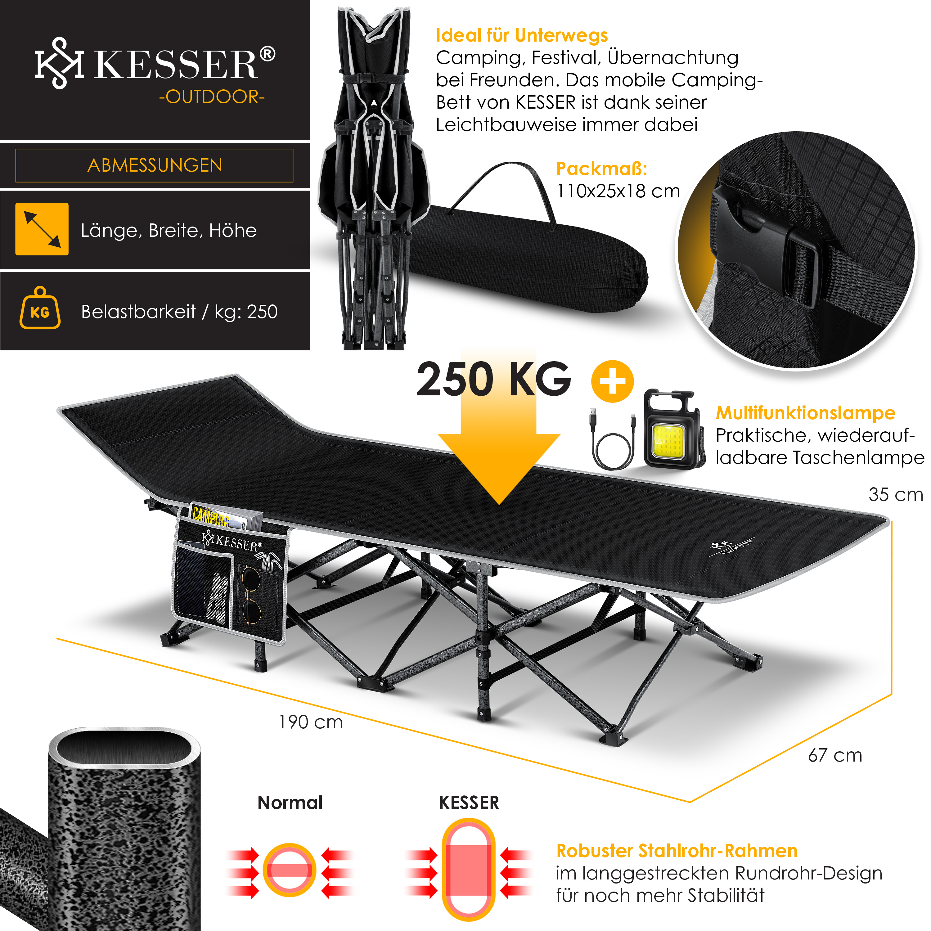 KESSER® Campingbett Feldbett Klappbar Klappbett Campingliege inkl. Tragetasche + Seitentasche Stabiles Feldbett 250kg Belastbar Metallrohr 600D