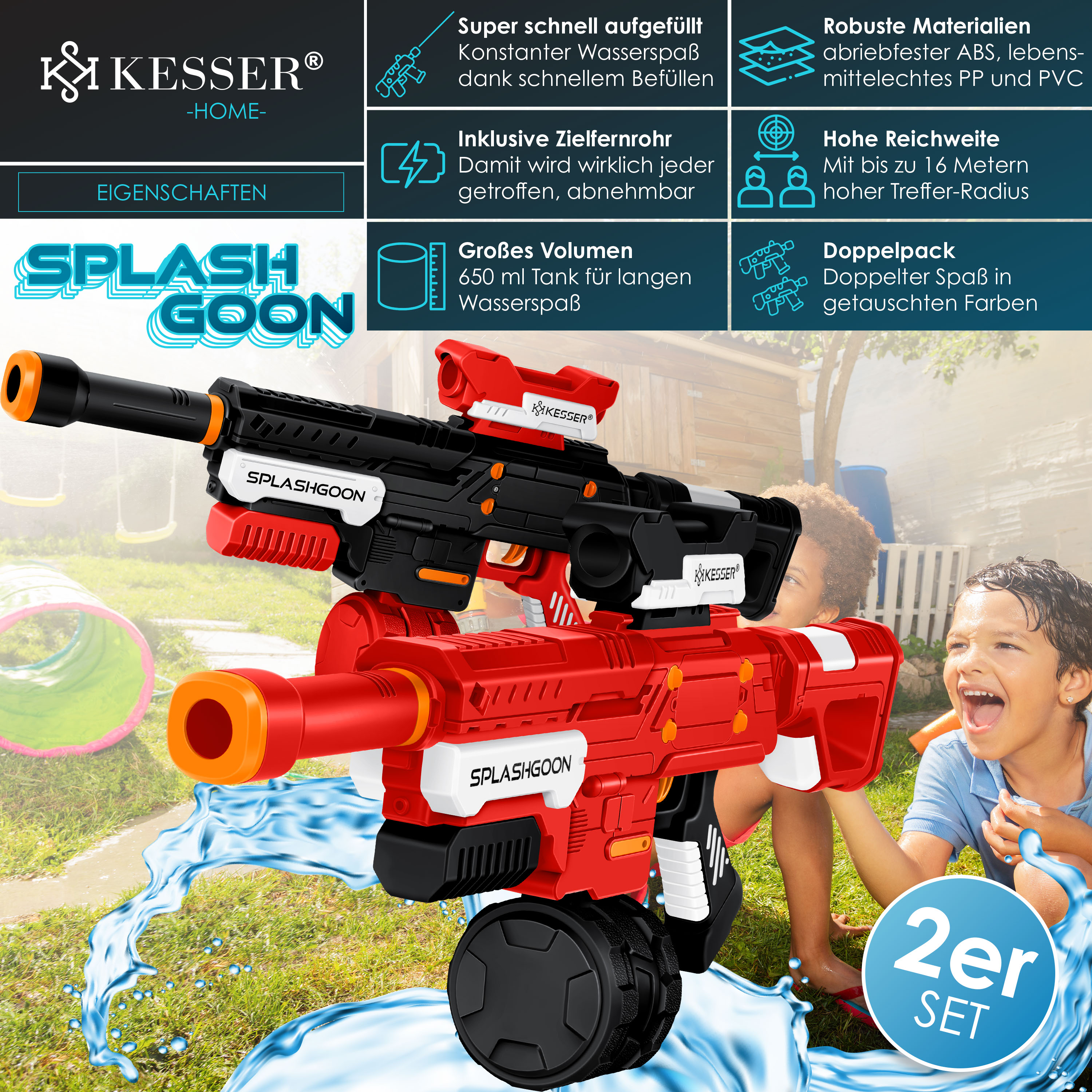 KESSER® Wasserpistole 2er Set Wasserpistolen Spritzpistolen inkl. Zielfernrohr Sehr Stark Reichweite 8m, Fassungsvermögen 650ml Spielzeug im Freien für Kinder und Erwachsene | eShopping