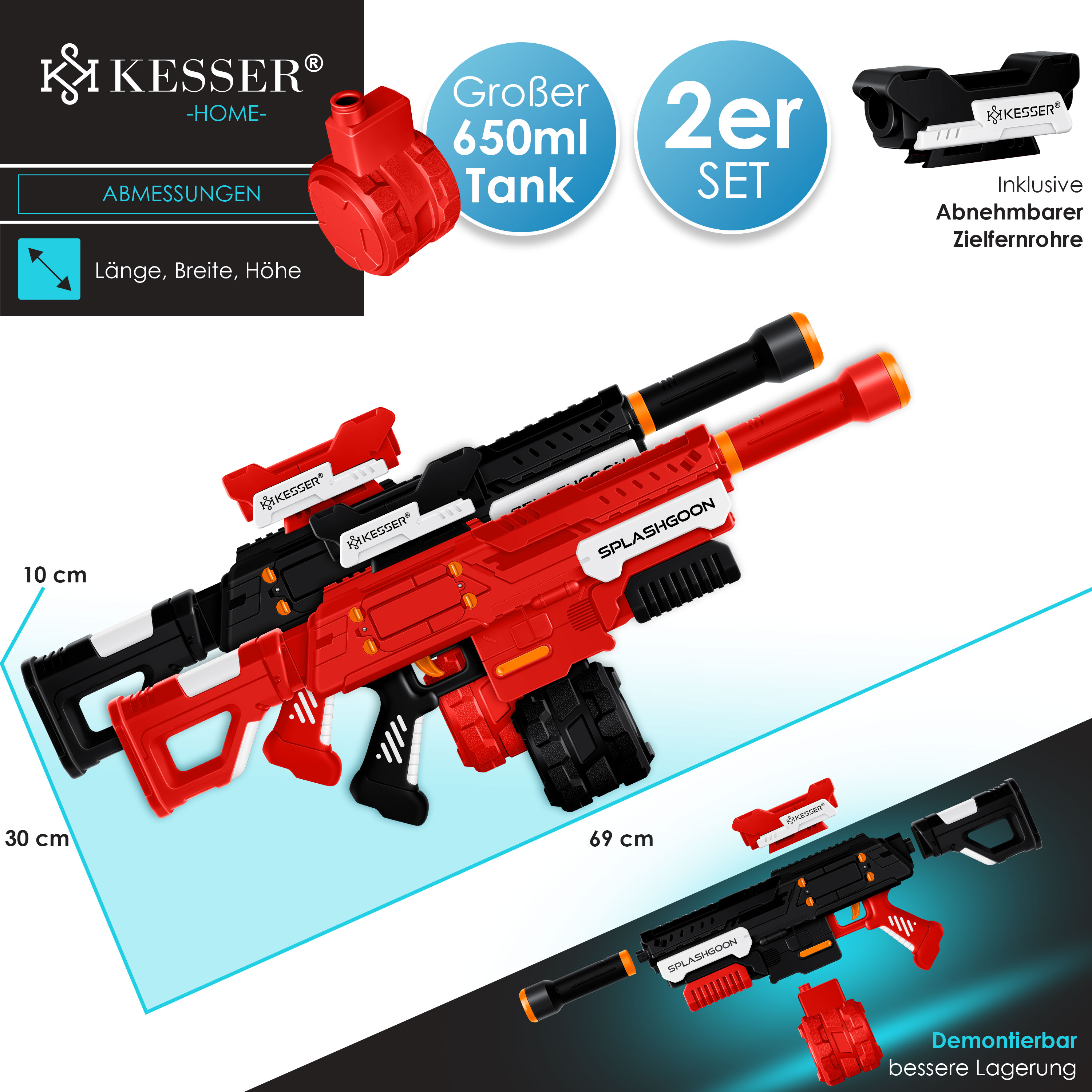 KESSER® Wasserpistole 2er Set Wasserpistolen Spritzpistolen inkl. Zielfernrohr Sehr Stark Reichweite 8m, Fassungsvermögen 650ml Spielzeug im Freien