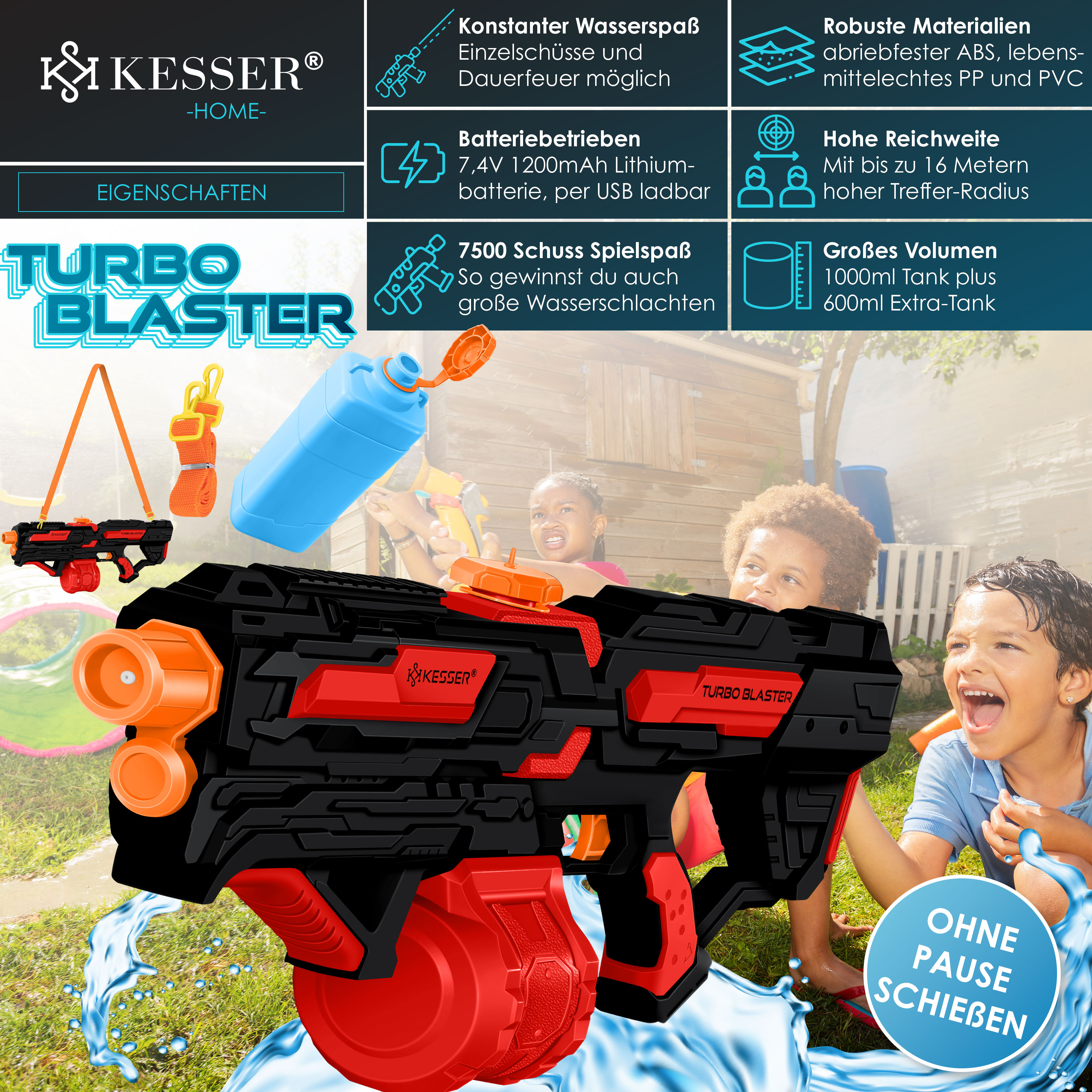 KESSER® Elektrische Wasserpistole mit Akku Spritzpistolen 1000 ml + 600 ml Extra-Tank große Wasserspritzpistole für Kinder und Erwachsene, Sehr Stark 8m Reichweite, Spielzeug im Freien | eShopping