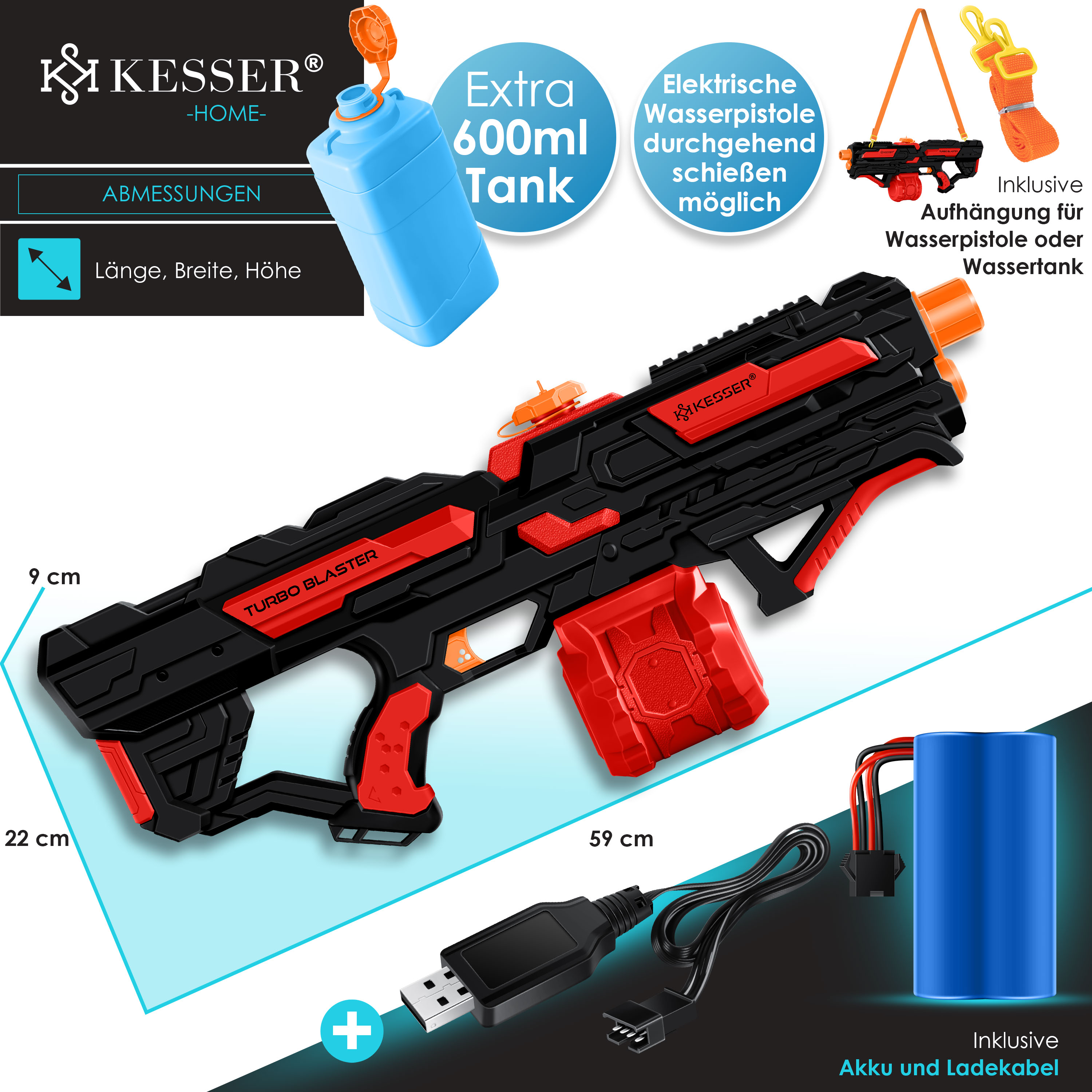 KESSER® Elektrische Wasserpistole mit Akku Spritzpistolen 1000 ml + 600 ml Extra-Tank große Wasserspritzpistole für Kinder und Erwachsene, Sehr Stark