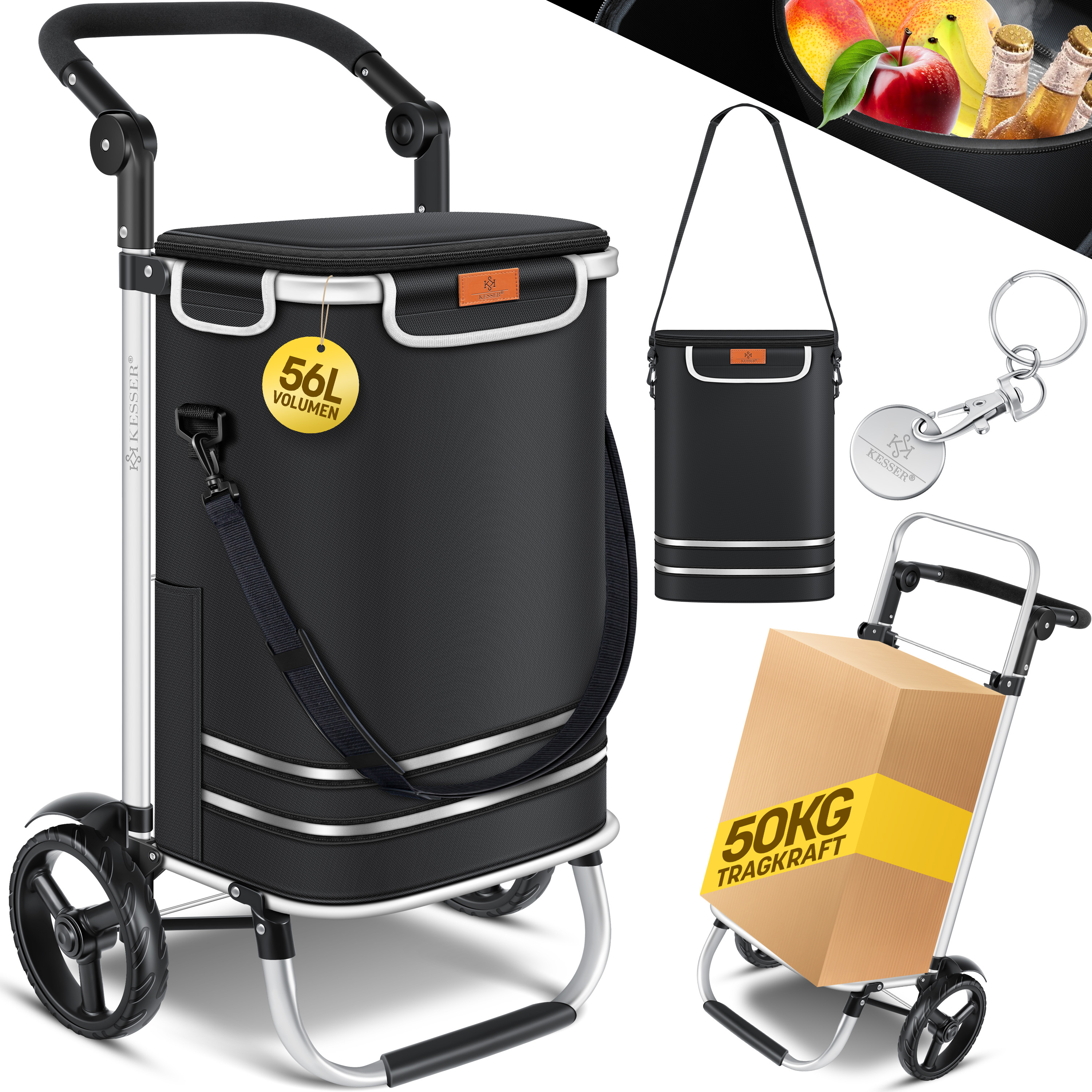 KESSER® Einkaufstrolley klappbar mit 56L Kapazität und belastbar bis 50kg | 3in1 Trolley Sackkarre & Umhängetasche | Faltbarer Einkaufswagen inkl. Kühlfach & Einkaufschip | Treppensteiger | eShopping