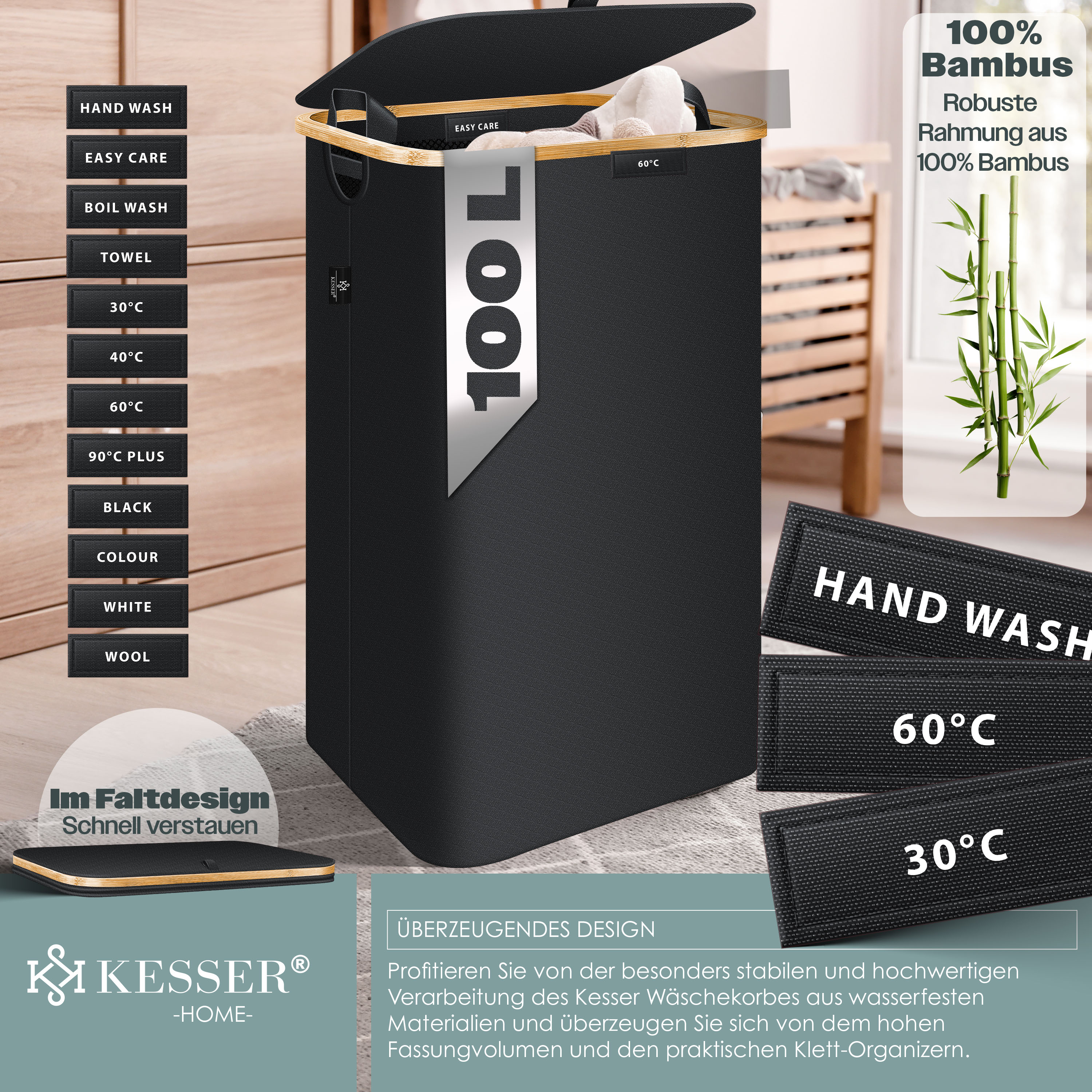 KESSER® Wäschekorb mit Deckel faltbar Wäschebox Wäschetruhe Wäschetonne | Wäschesammler mit herausnehmbaren Wäschesäcke