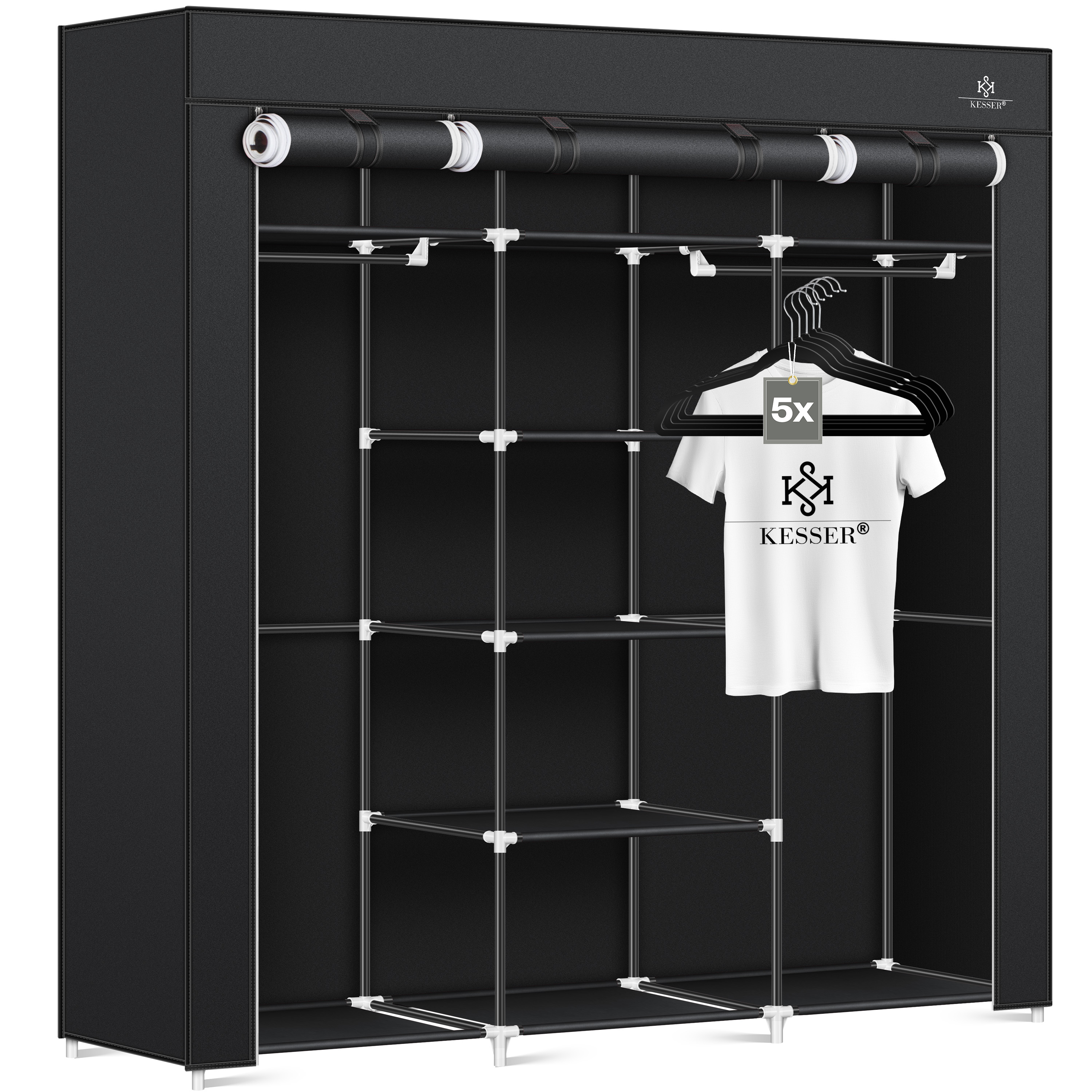 KESSER® Kleiderschrank Stoffschrank Stabil mit Kleiderstange & Ablagen, Inkl. 5x Kleiderbügel, Stoff Faltschrank für Schlafzimmer, Ankleidezimmer