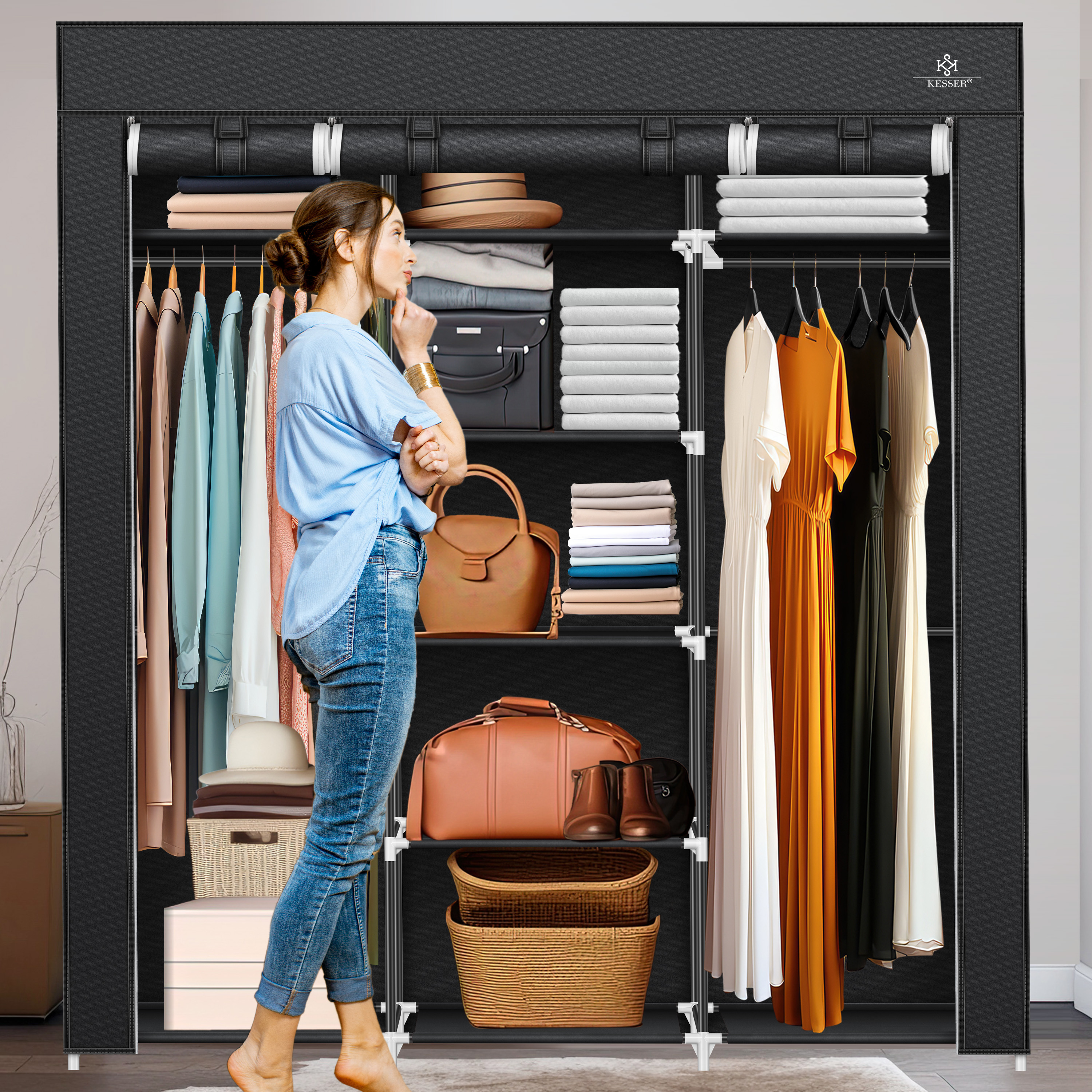 KESSER® Kleiderschrank Stoffschrank Stabil mit Kleiderstange & Ablagen, Inkl. 5x Kleiderbügel, Stoff Faltschrank für Schlafzimmer, Ankleidezimmer Garderobe mit Kleiderständer 150x45x175cm | eShopping