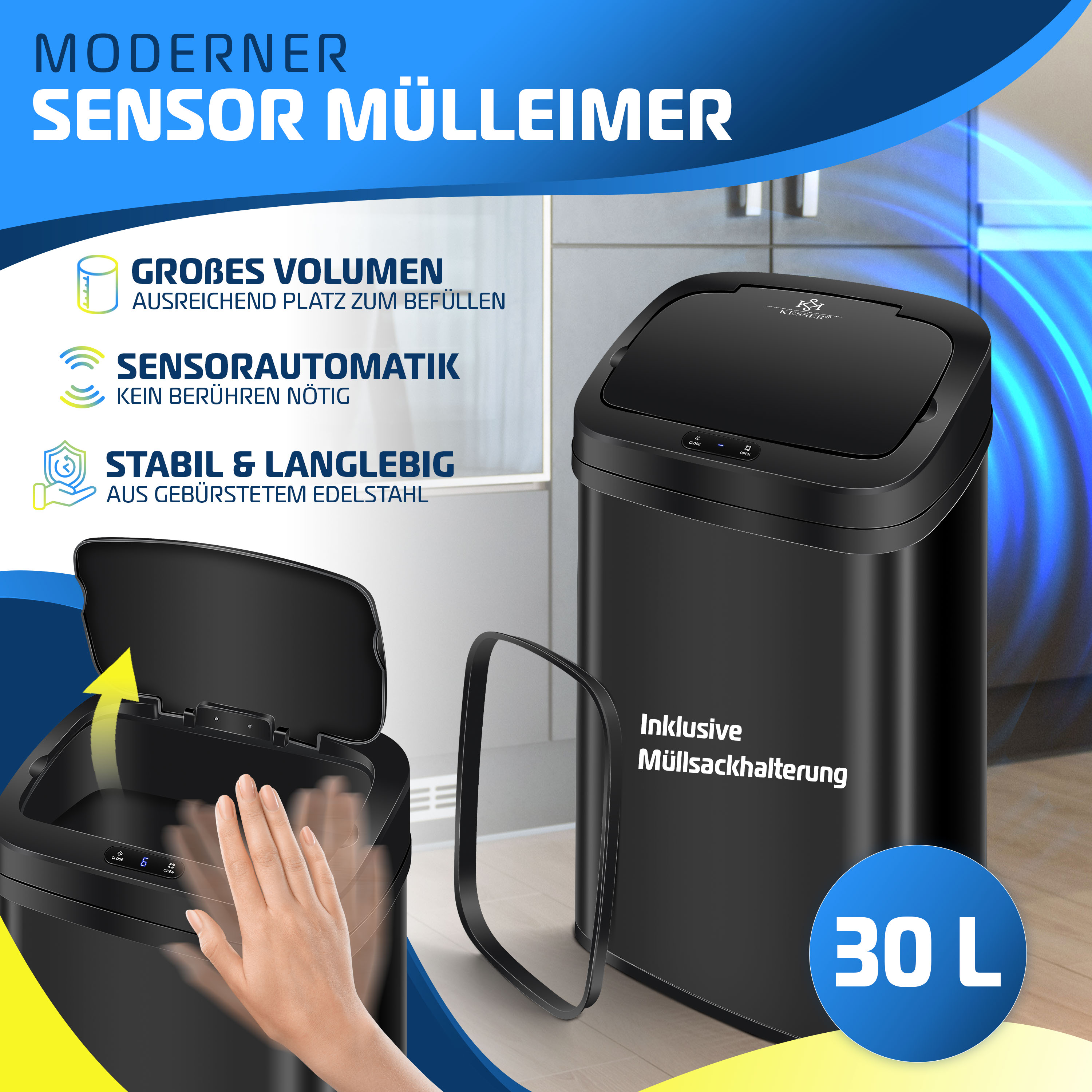 KESSER® Sensor Mülleimer Küche | Automatik mit Bewegungssensor Abfalleimer & Soft-Close-Deckel | Müllbehälter mit Touch-Bedienfeld & Sensor | LCD-Display | Edelstahl | inkl. Müllsackhalter | eShopping