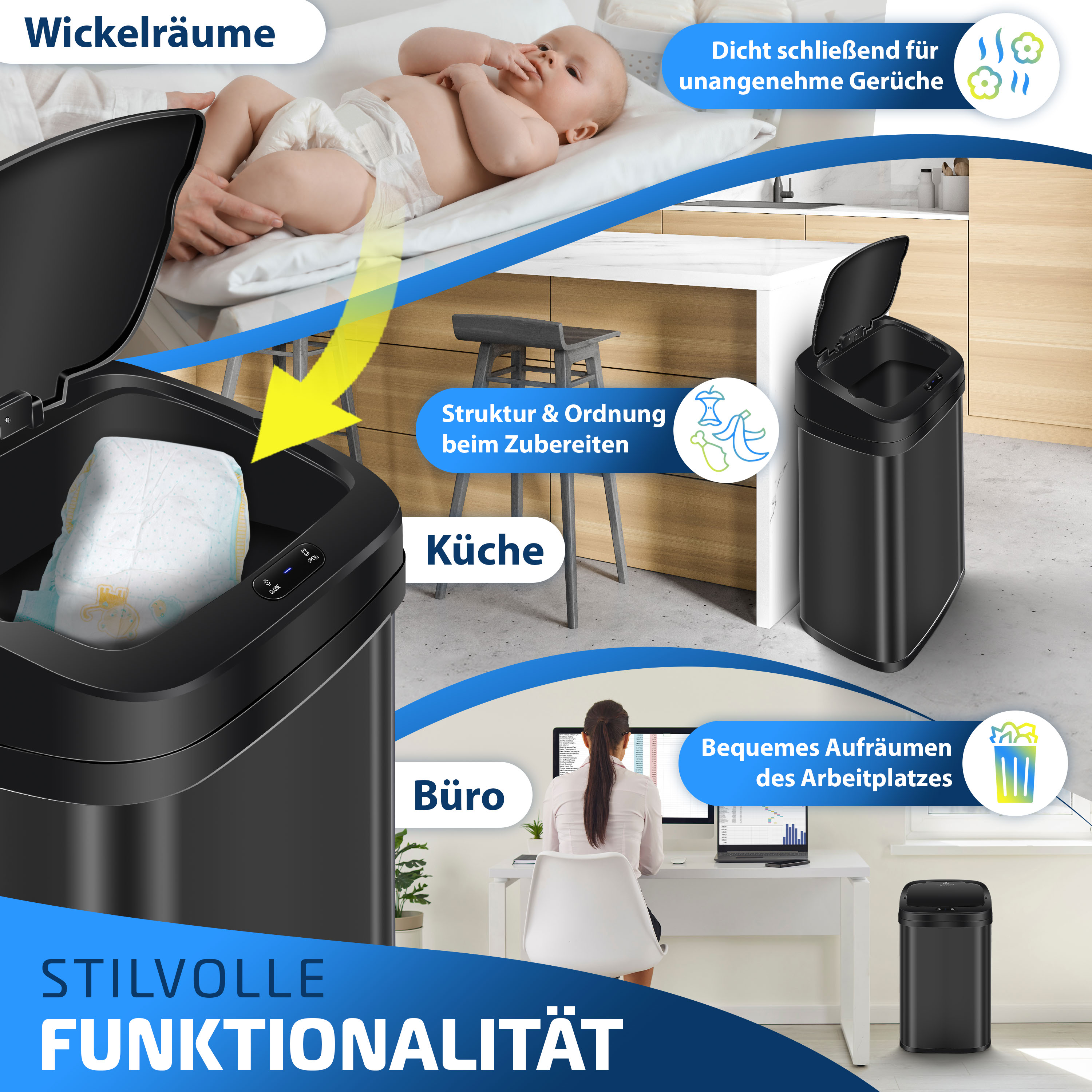 KESSER® Sensor Mülleimer Küche | Automatik mit Bewegungssensor Abfalleimer & Soft-Close-Deckel | Müllbehälter mit Touch-Bedienfeld & Sensor | LCD-Display | Edelstahl | inkl. Müllsackhalter | eShopping