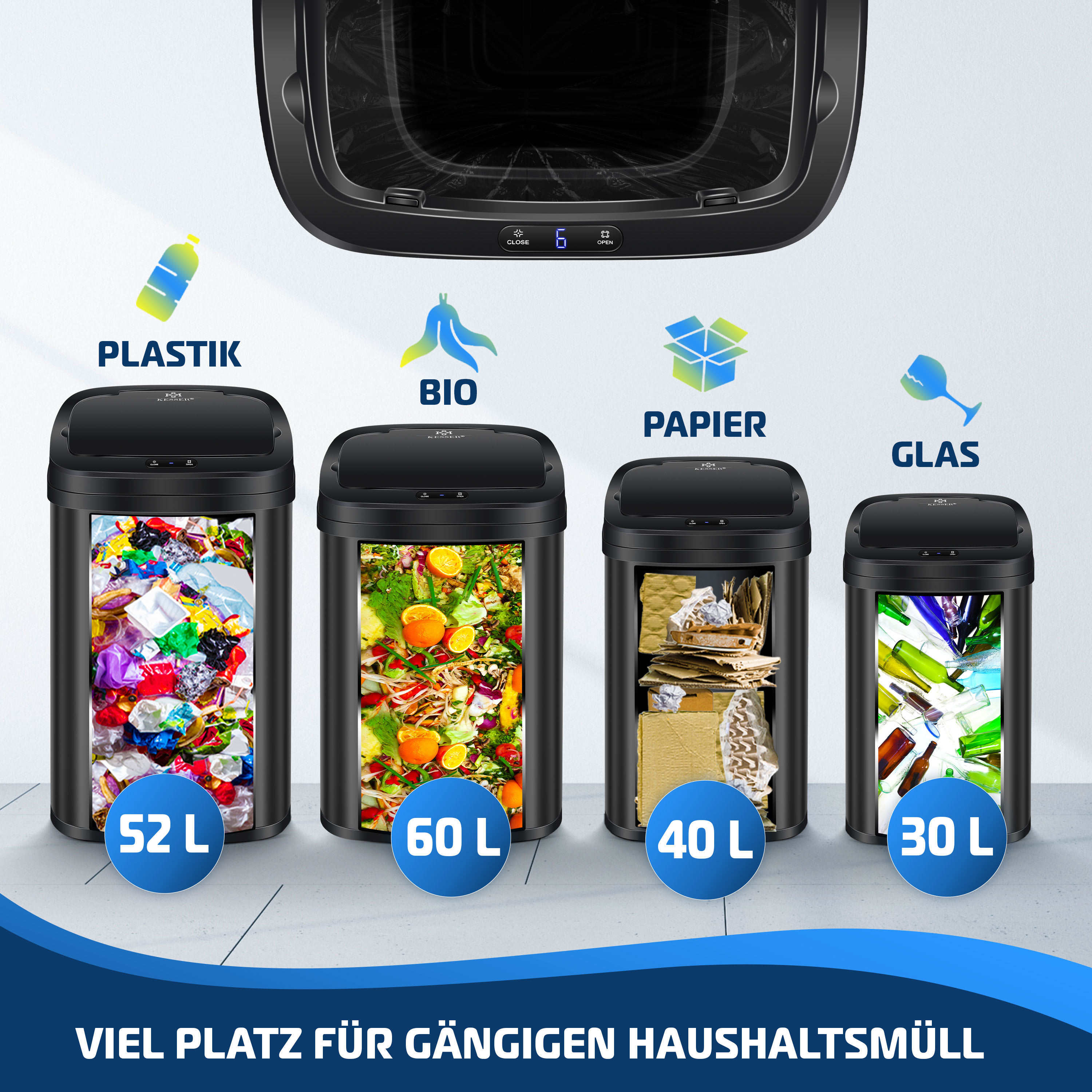KESSER® Sensor Mülleimer Küche | Automatik mit Bewegungssensor Abfalleimer & Soft-Close-Deckel | Müllbehälter mit Touch-Bedienfeld & Sensor | LCD-Display | Edelstahl | inkl. Müllsackhalter | eShopping