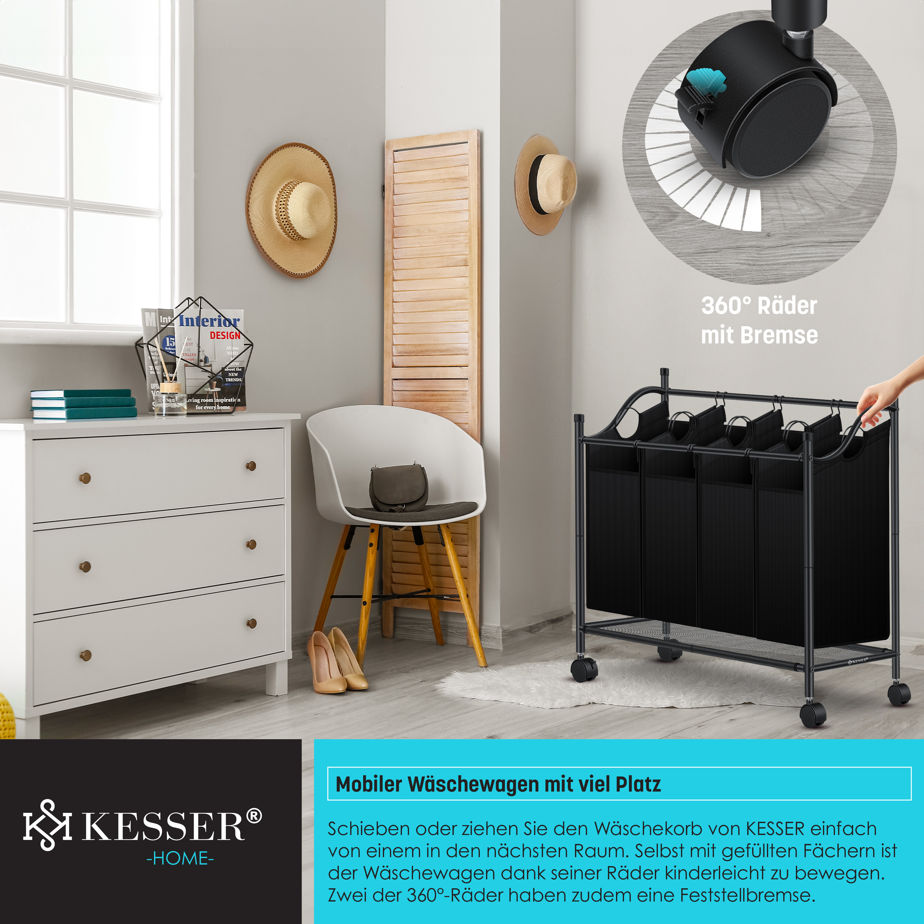 KESSER® Wäschekorb Wäschesammler Wäschesortierer mit abnehmbaren Stofftaschen | Wäschebox mit 12 Waschhinweisen 360° Rollen mit Bremse Wäsche-Sortiersystem Wäschewagen | eShopping