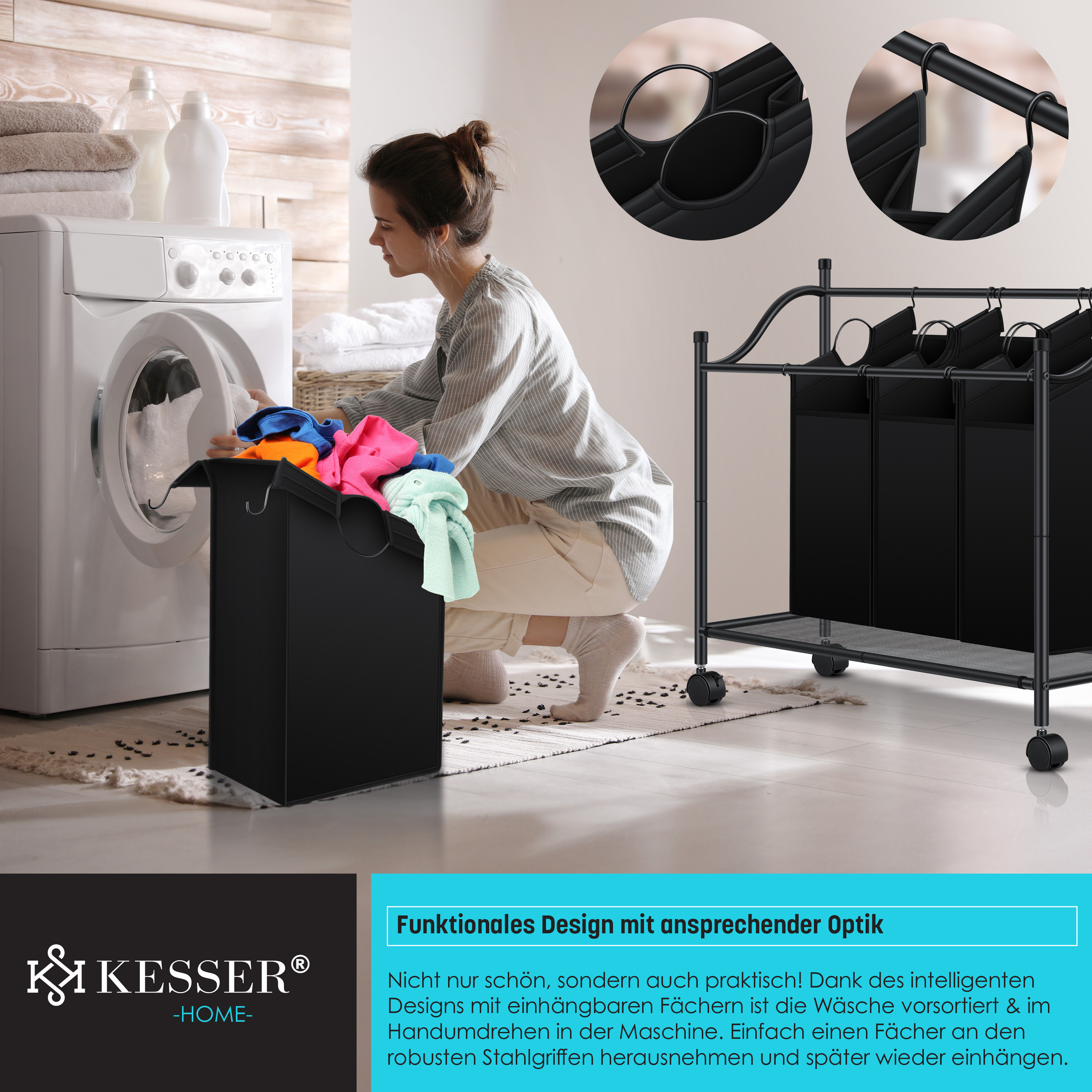 KESSER® Wäschekorb Wäschesammler Wäschesortierer mit abnehmbaren Stofftaschen | Wäschebox mit 12 Waschhinweisen 360° Rollen mit Bremse Wäsche -Sortiersystem Wäschewagen | eShopping