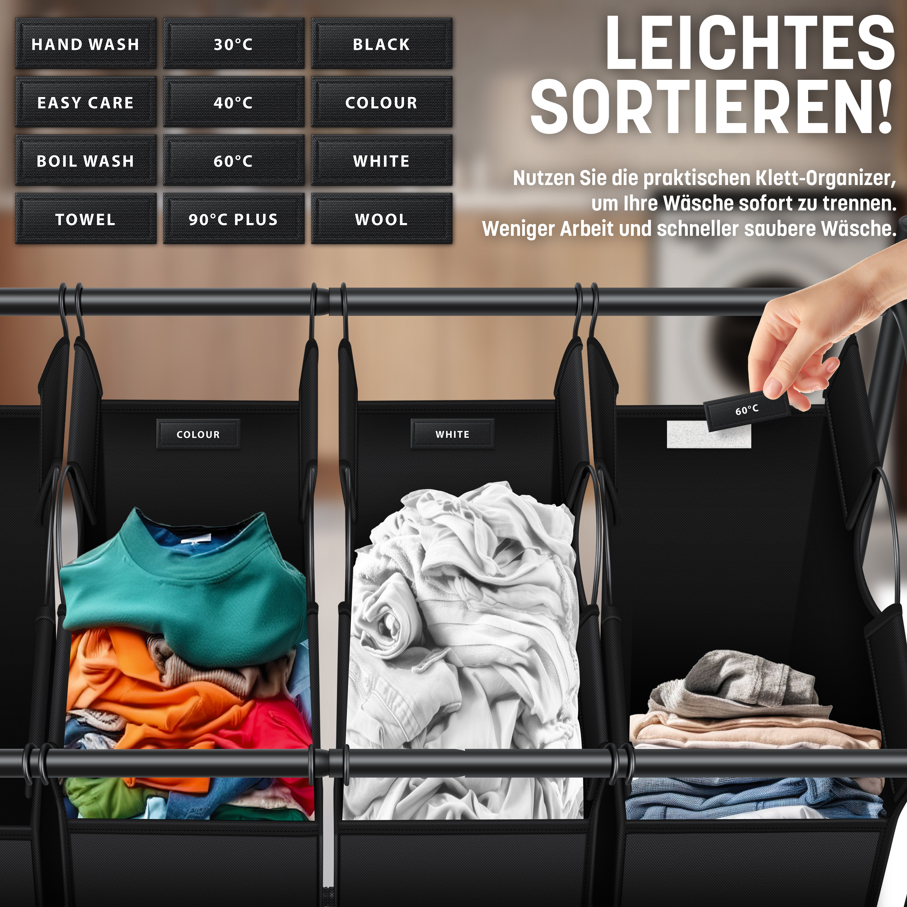 KESSER® Wäschekorb Wäschesammler Wäschesortierer mit abnehmbaren Stofftaschen | Wäschebox mit 12 Waschhinweisen 360° Rollen mit Bremse Wäsche -Sortiersystem Wäschewagen | eShopping
