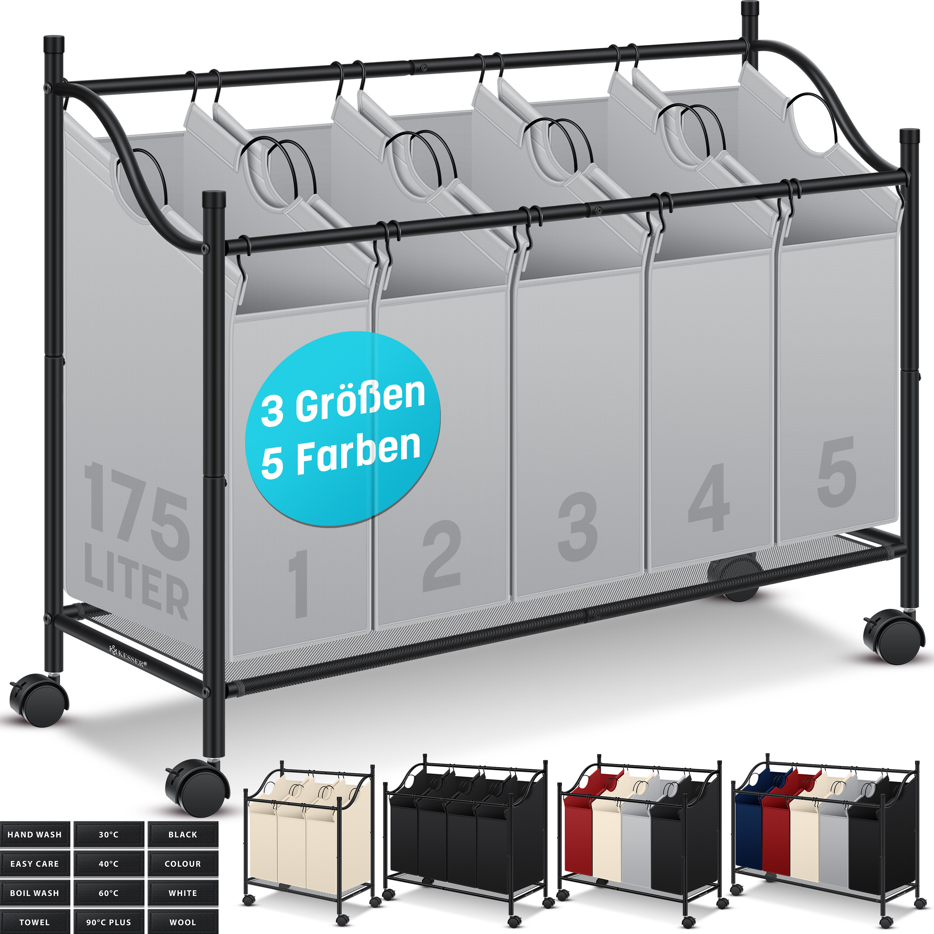 KESSER® Wäschekorb Wäschesammler Wäschesortierer mit abnehmbaren Stofftaschen