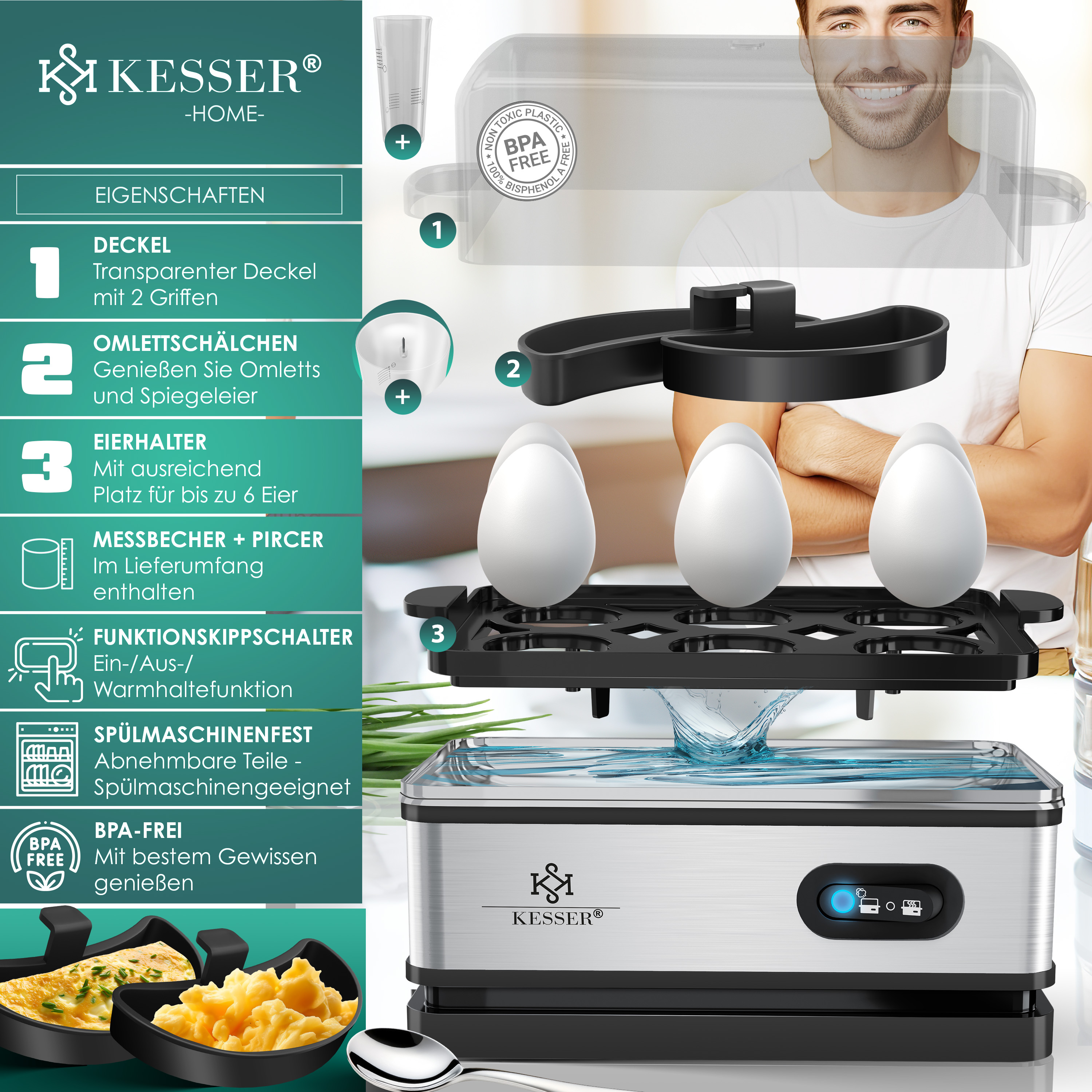 KESSER® Eierkocher für 1 bis 6 Eier elektrisch aus Edelstahl 400W & Warmhaltefunktion | Kipp-Funktionsschalter drei Härtegrade