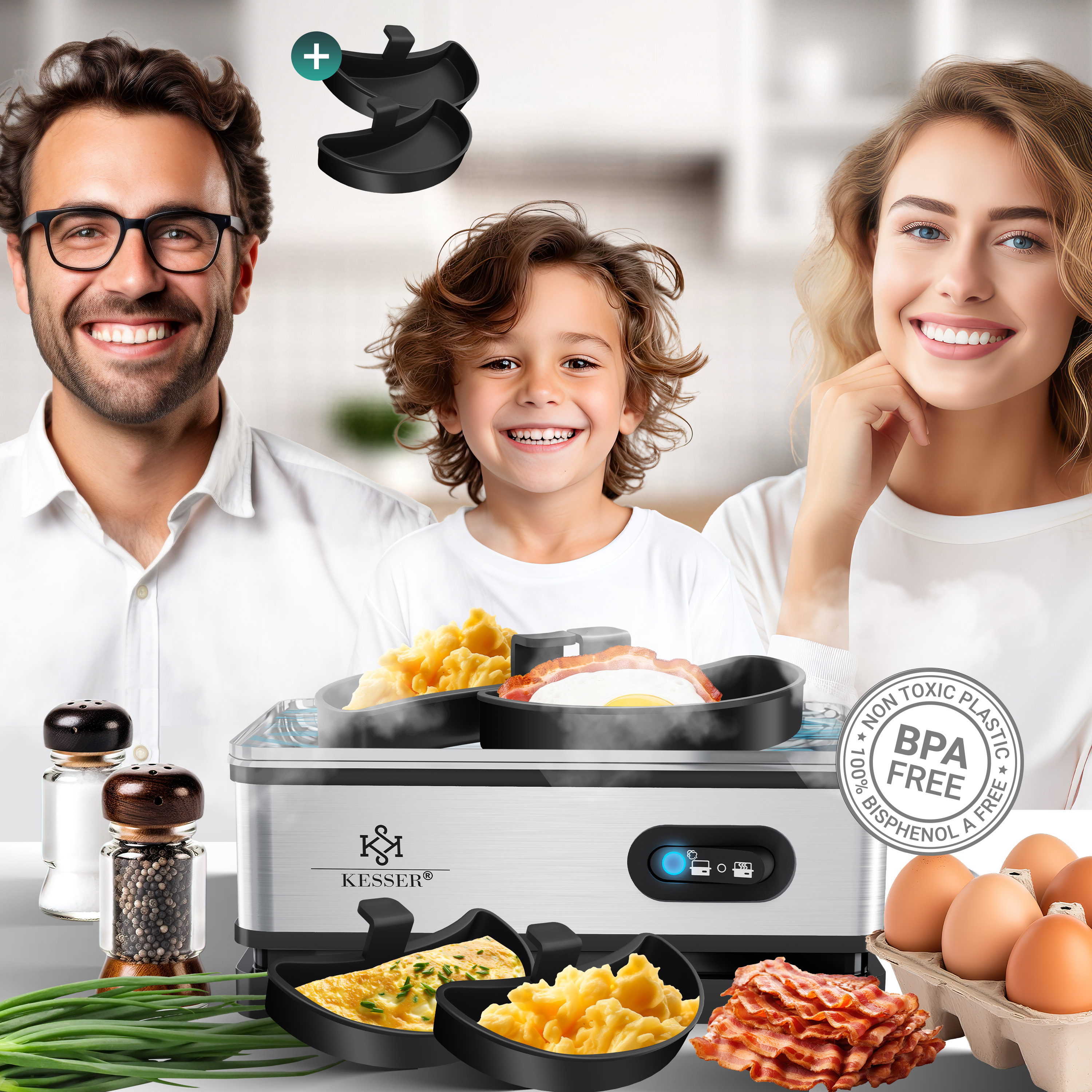 KESSER® Eierkocher für 1 bis 6 Eier elektrisch aus Edelstahl 400W & Warmhaltefunktion | Kipp-Funktionsschalter drei Härtegrade | BPA-Frei & Spülmaschinenfest | Messbecher & 2x Omlettschalen | eShopping