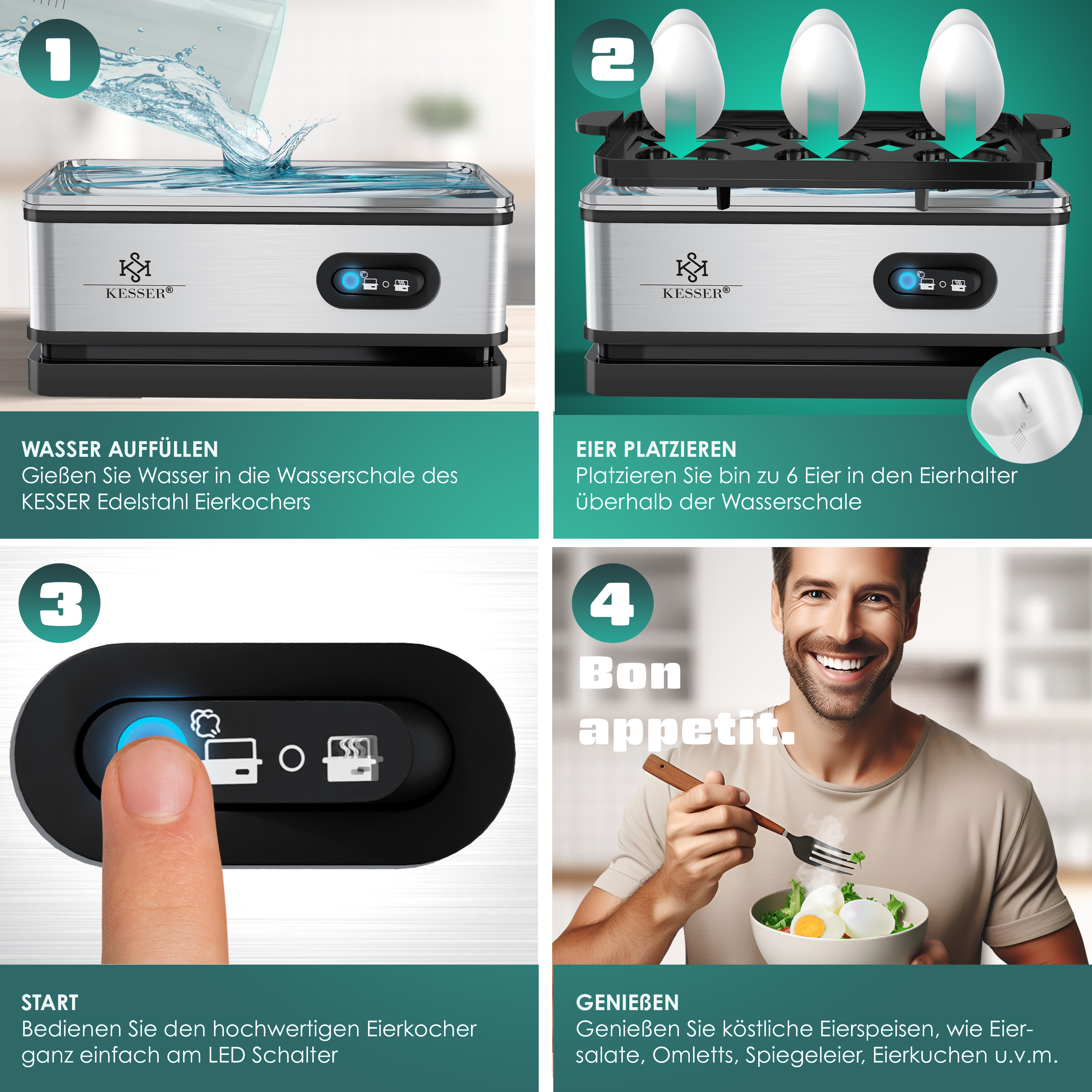 KESSER® Eierkocher für 1 bis 6 Eier elektrisch aus Edelstahl 400W & Warmhaltefunktion | Kipp-Funktionsschalter drei Härtegrade | BPA-Frei & Spülmaschinenfest | Messbecher & 2x Omlettschalen | eShopping