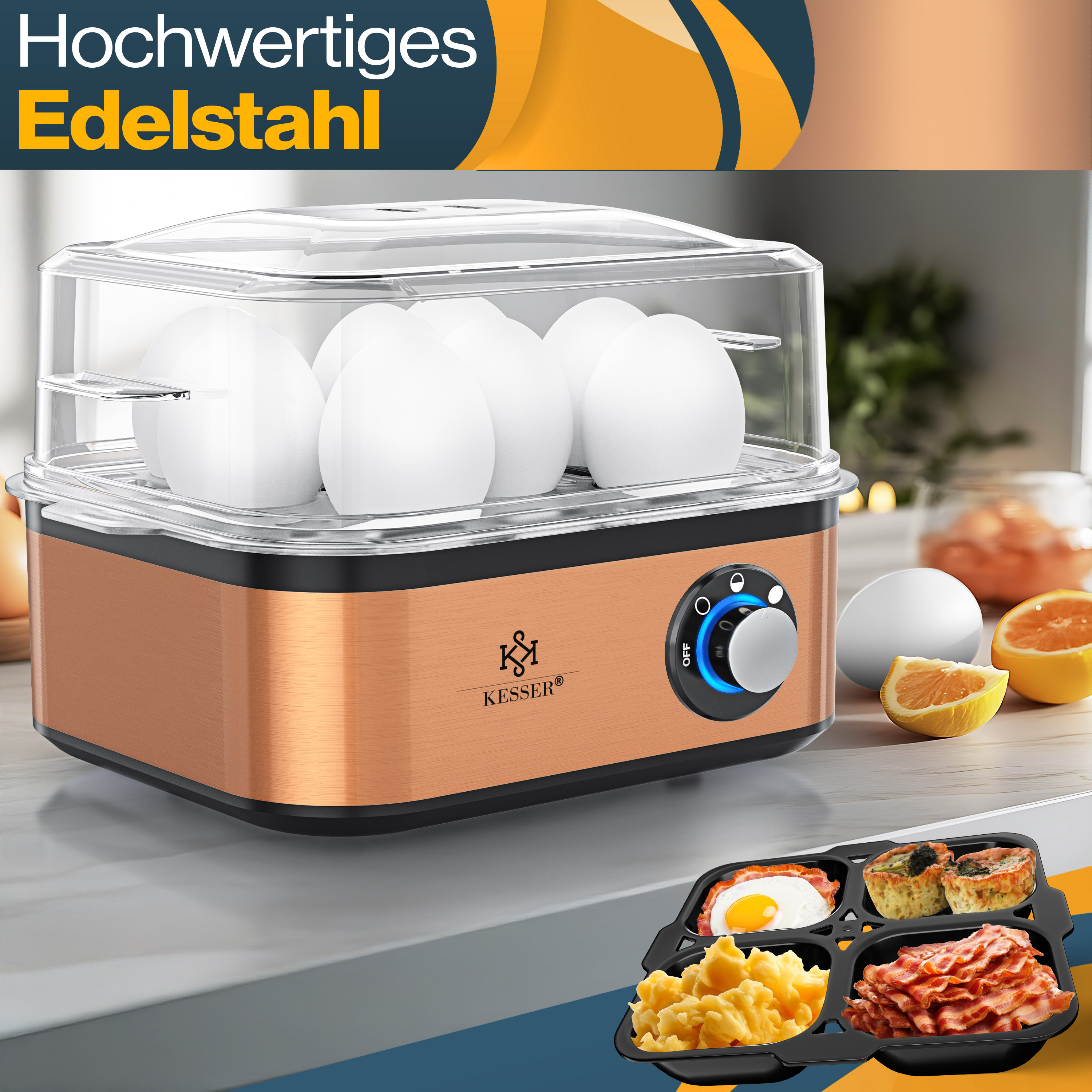 KESSER® Eierkocher für 1 bis 8 Eier elektrisch aus Edelstahl 500W & Warmhaltefunktion | LED-Drehschalter drei Härtegrade