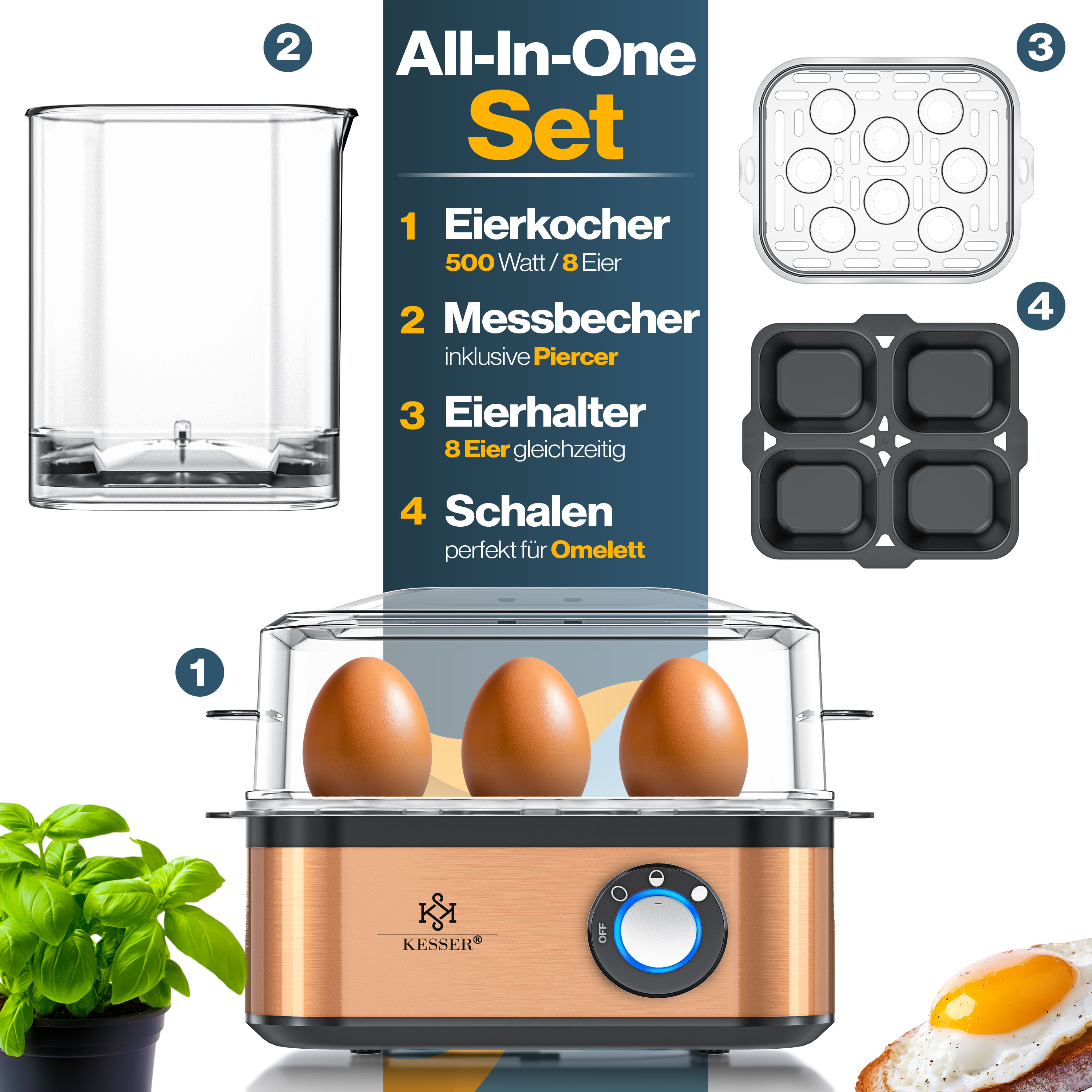 KESSER® Eierkocher für 1 bis 8 Eier elektrisch aus Edelstahl 500W & Warmhaltefunktion | LED-Drehschalter drei Härtegrade