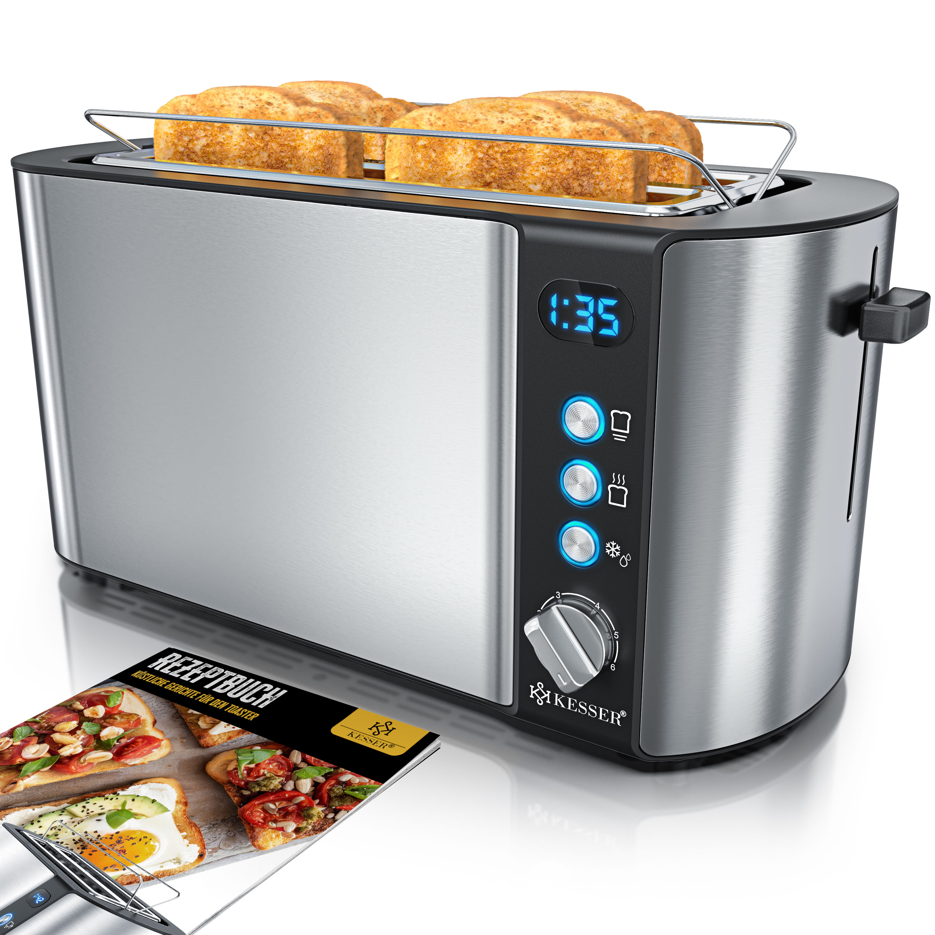 KESSER® Toaster mit Brötchenaufsatz, Langschlitz 4 Scheiben mit 6 Bräunungsstufen + Auftau- & Aufwärmefunktion, Abschaltautomatik, Liftfunktion, inkl.