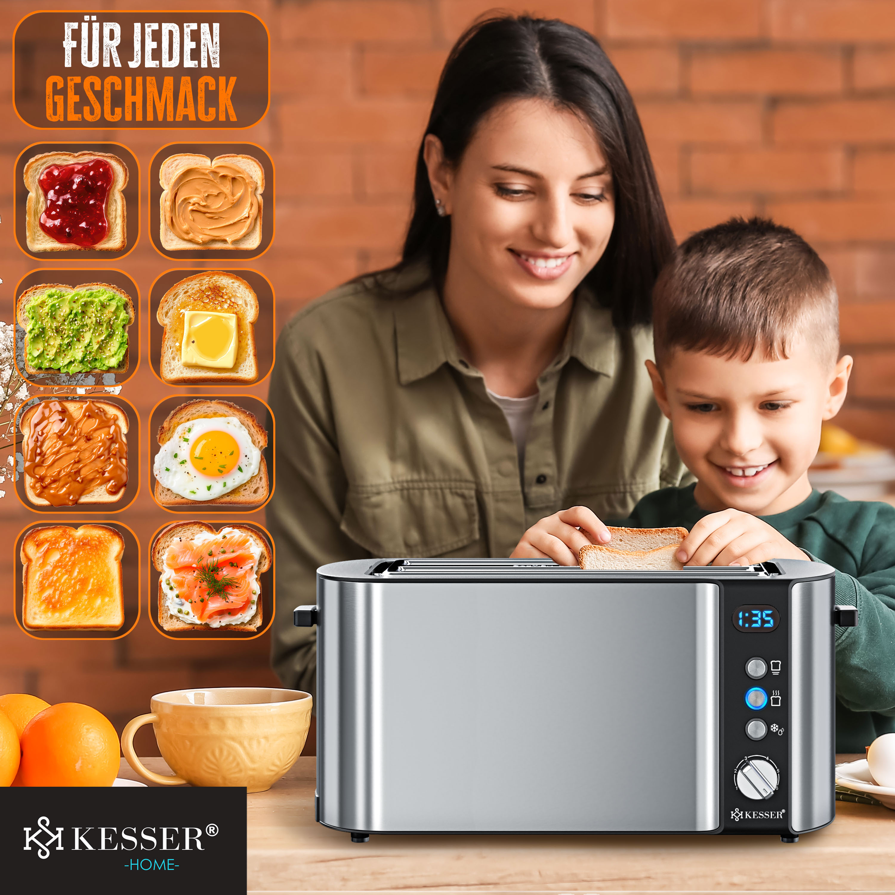 KESSER® Toaster mit Brötchenaufsatz, Langschlitz 4 Scheiben mit 6 Bräunungsstufen + Auftau- & Aufwärmefunktion, Abschaltautomatik, Liftfunktion, inkl. Krümelblech und Rezeptbuch | eShopping