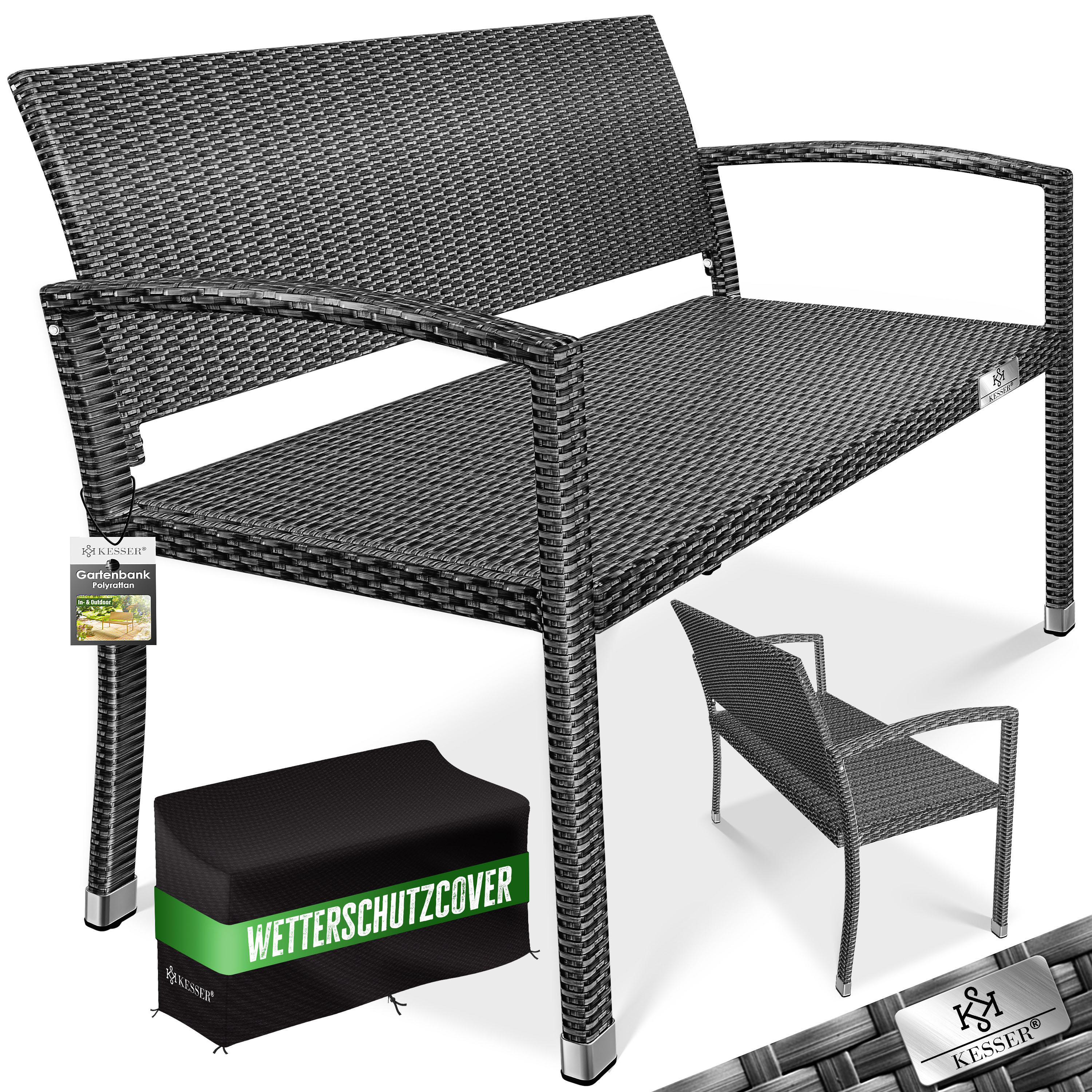 KESSER® Gartenbank Polyrattan 2-Sitzer Wetterfest | Rattan-Sitzbank UV-Beständig & bis 320kg belastbar | Balkon-Bank 125x62x90cm
