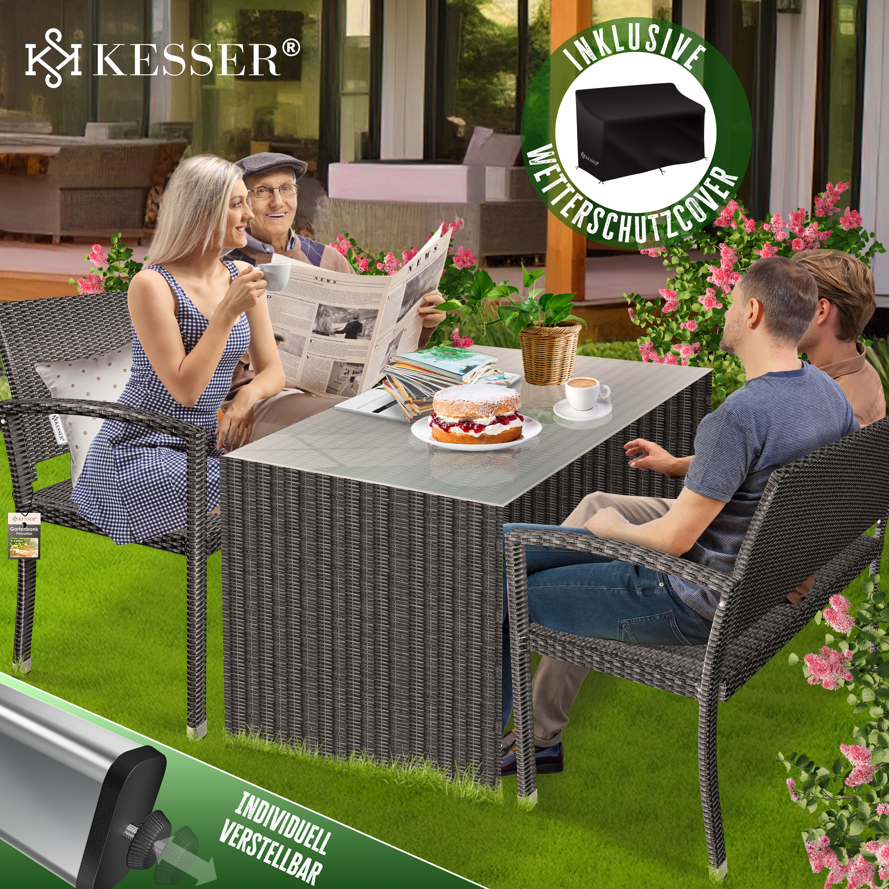 KESSER® Gartenbank Polyrattan 2-Sitzer Wetterfest | Rattan-Sitzbank UV-Beständig & bis 320kg belastbar | Balkon-Bank 125x62x90cm | Garten-Möbel mit ergonomischen Armlehnen | Für 2 Personen | eShopping