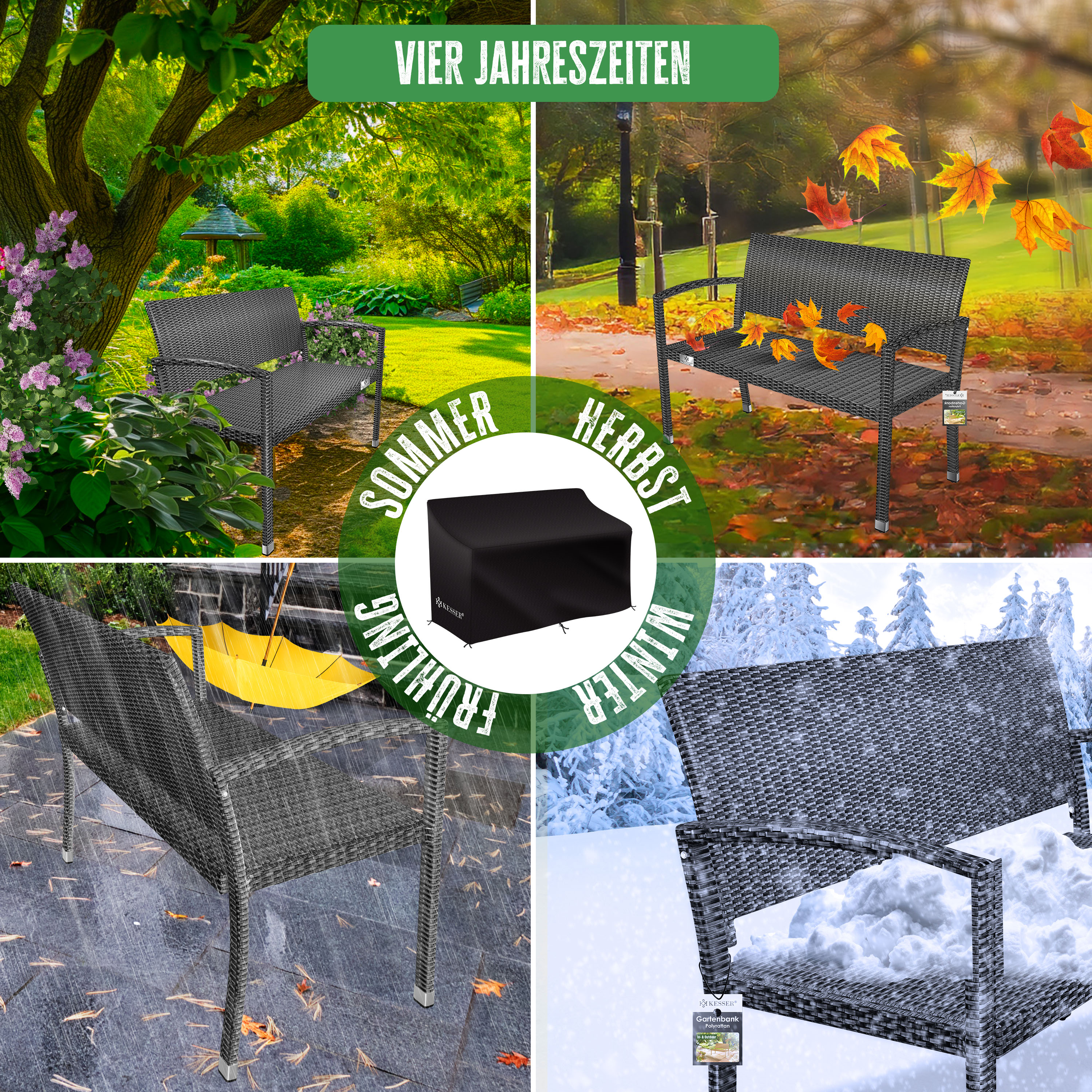 KESSER® Gartenbank Polyrattan 2-Sitzer Wetterfest | Rattan-Sitzbank UV-Beständig & bis 320kg belastbar | Balkon-Bank 125x62x90cm | Garten-Möbel mit ergonomischen Armlehnen | Für 2 Personen | eShopping