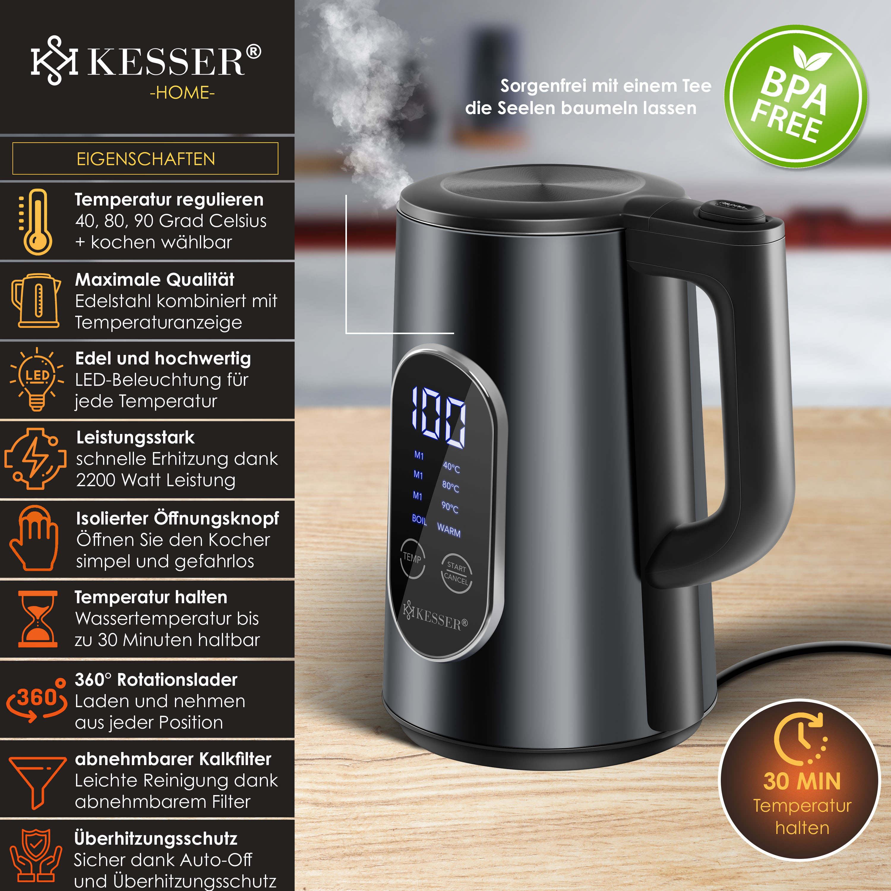 KESSER® Wasserkocher Edelstahl 1.7 Liter | LED-Anzeige | 4-Modi Temperatureinstellung 40°C-100°C | 30min Warmhalten