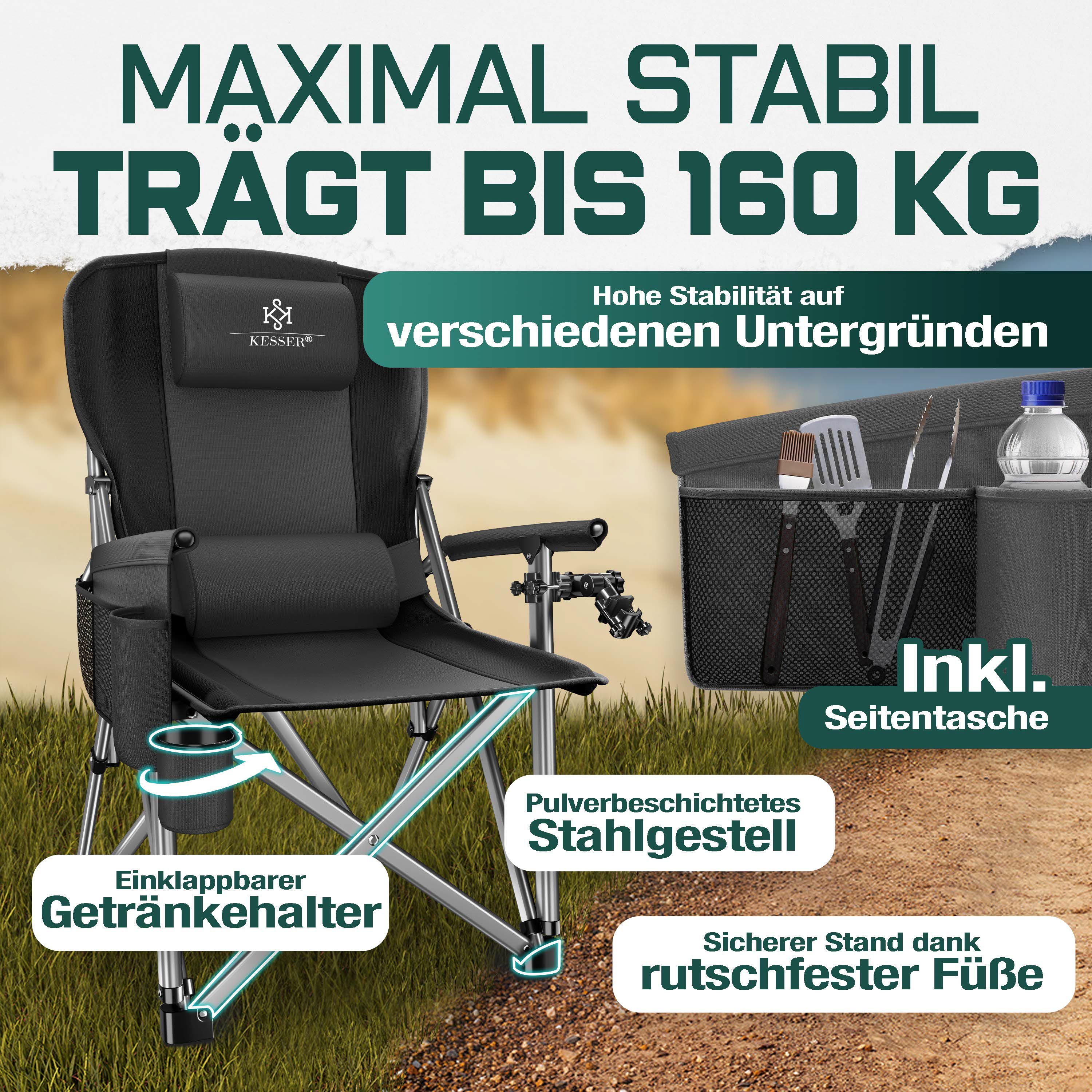 KESSER® Campingstuhl faltbar bis 160 kg | Angelstuhl Faltstuhl Klappstuhl Gepolstert mit Armlehnen