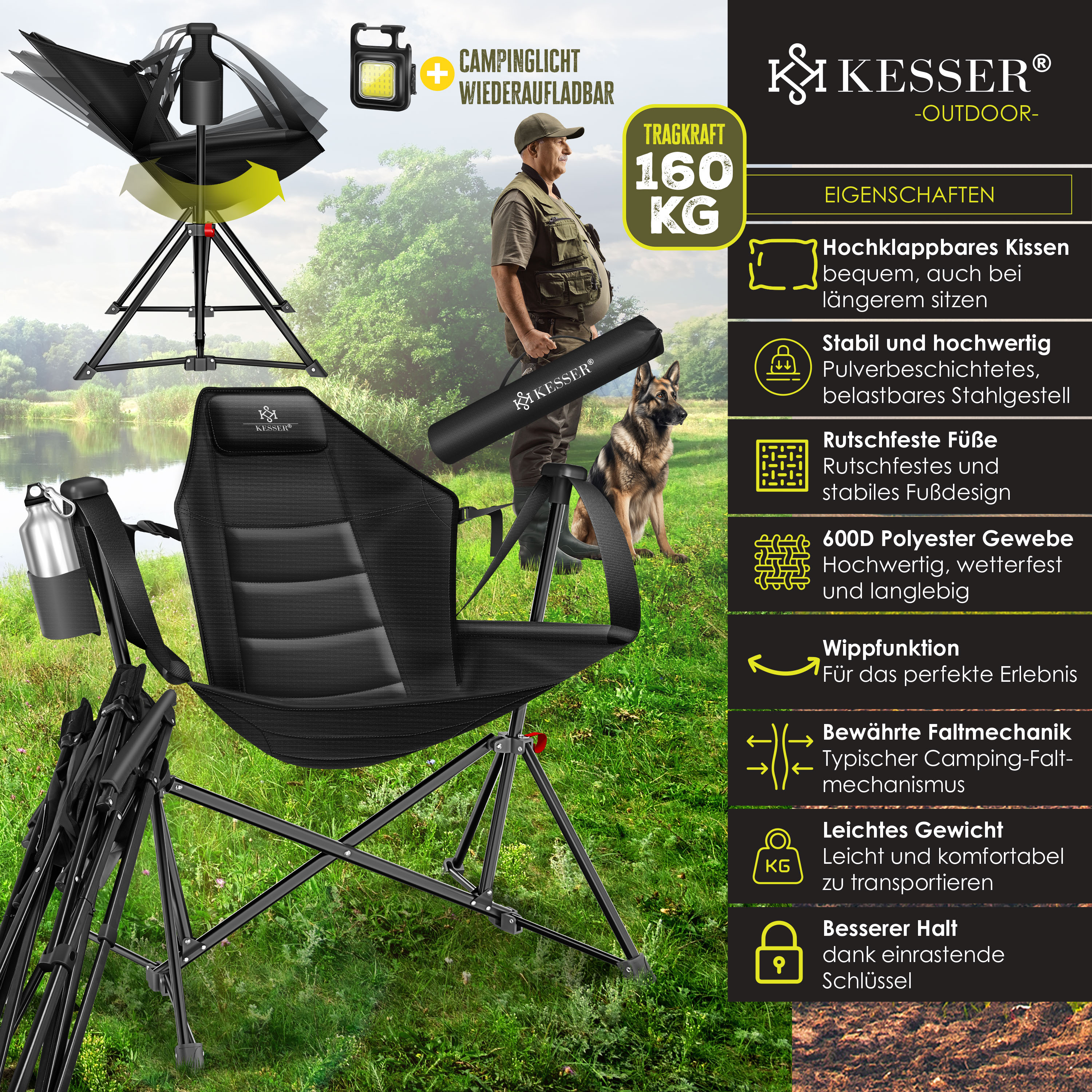 KESSER® Campingstuhl faltbar Schaukelstuhl bis 160 kg | Angelstuhl Faltstuhl Klappstuhl Gepolstert | Campinglicht und Getränkehalter + Tasche mit hoher Rückenlehne | Strandstuhl mit Wippfunktion | eShopping