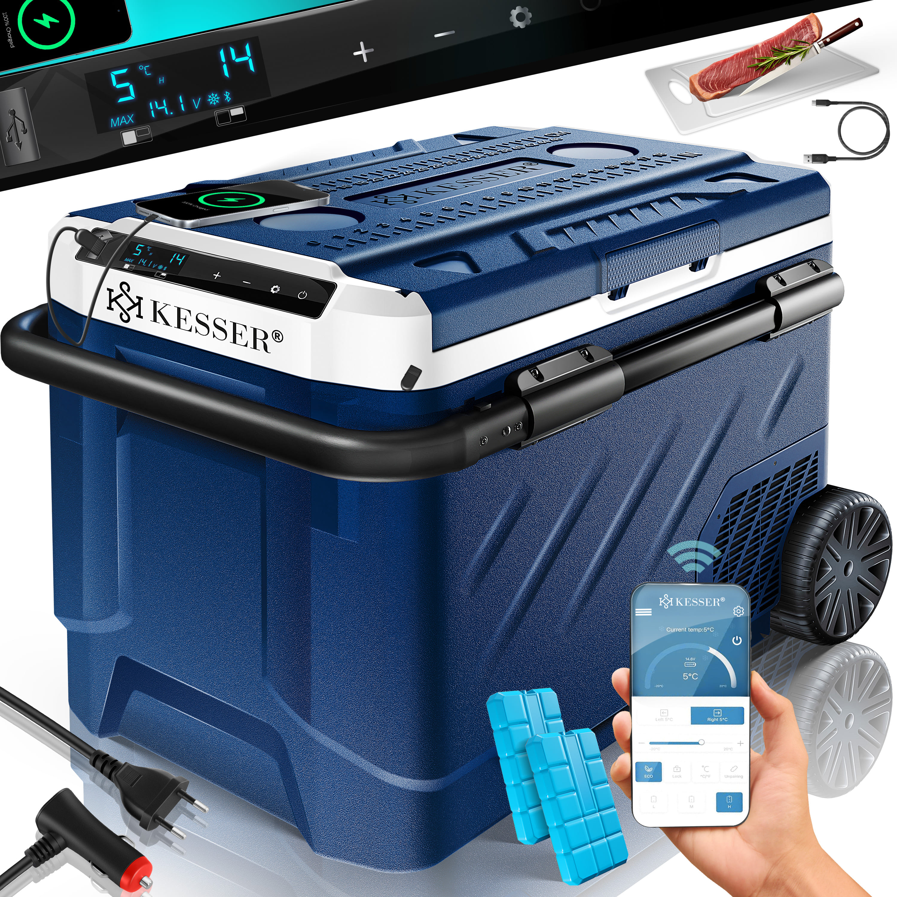 KESSER® Kompressor Kühlbox elektrisch | Camping Gefrierbox mit LED-Touch| Mit APP-Steuerung & Kühlakkus USB-Anschluss 12/24 V 230V
