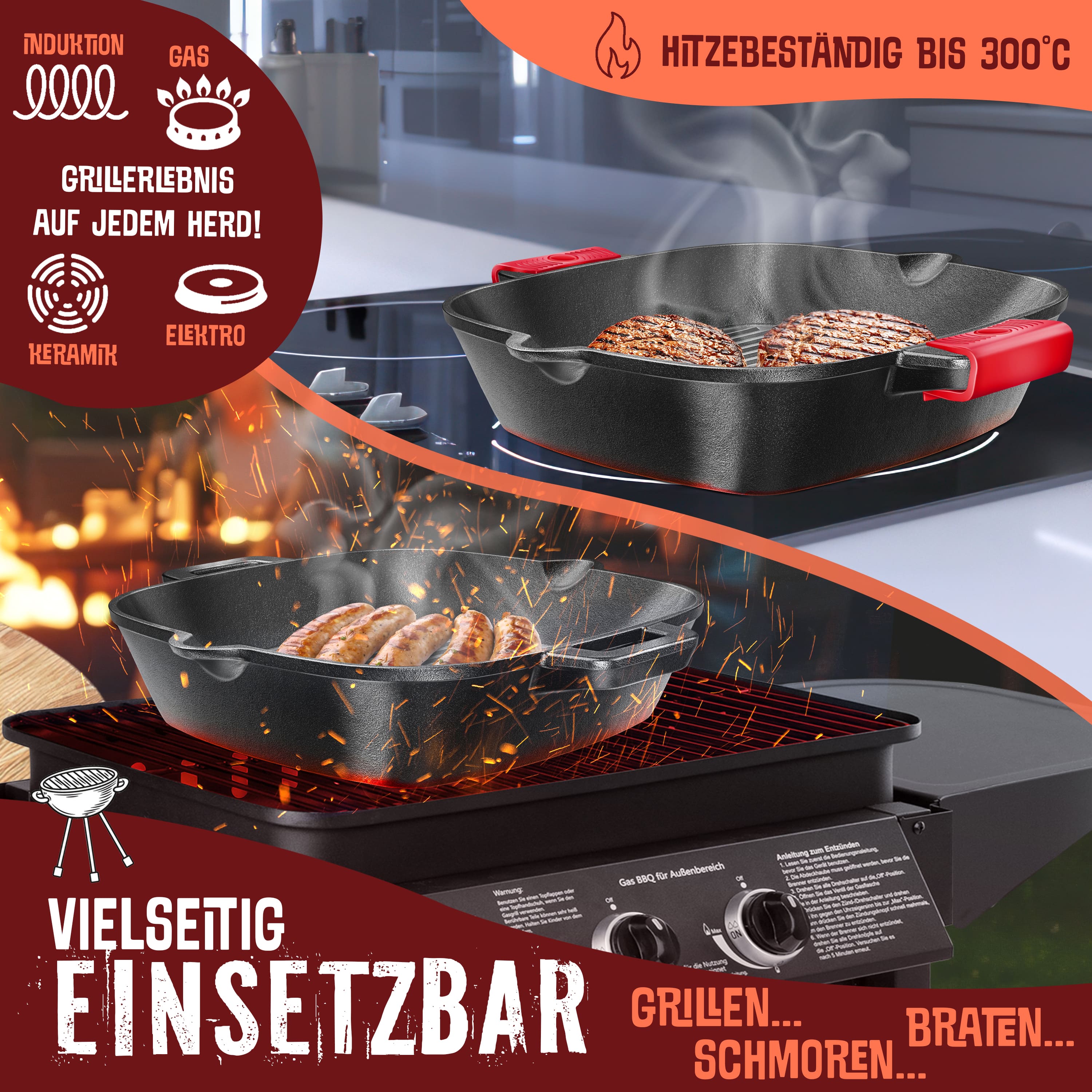 KESSER® Gusseisenpfanne | Gusseisen Bratpfanne Induktion | Cast Iron Pan für Gasgrill, Backofen, Kohlegrill | Steakpfanne voreingebrannt | Inkl. Schutzgriffe, Rezeptbuch und Ringreiniger | eShopping