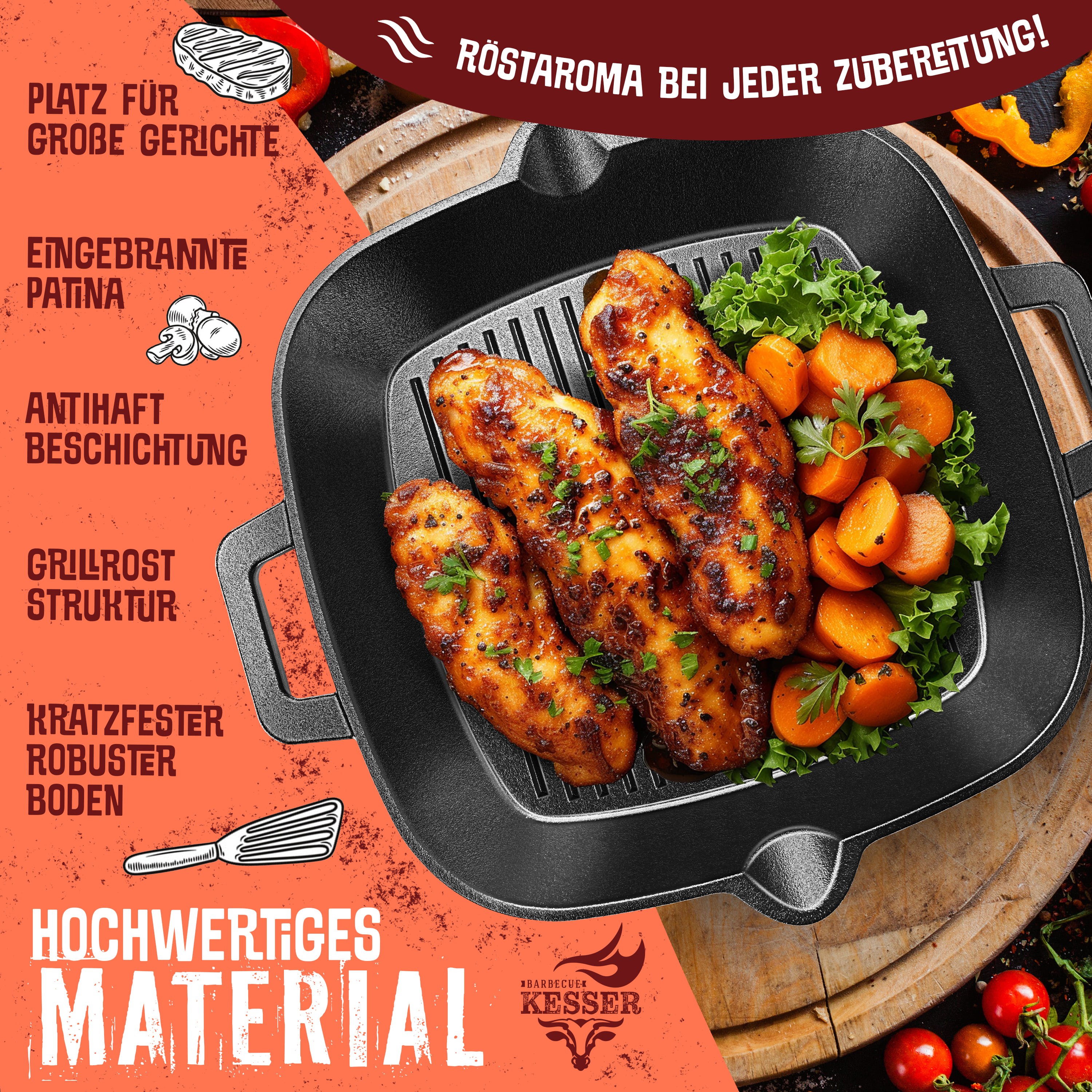 KESSER® Gusseisenpfanne | Gusseisen Bratpfanne Induktion | Cast Iron Pan für Gasgrill, Backofen, Kohlegrill | Steakpfanne voreingebrannt | Inkl. Schutzgriffe, Rezeptbuch und Ringreiniger | eShopping