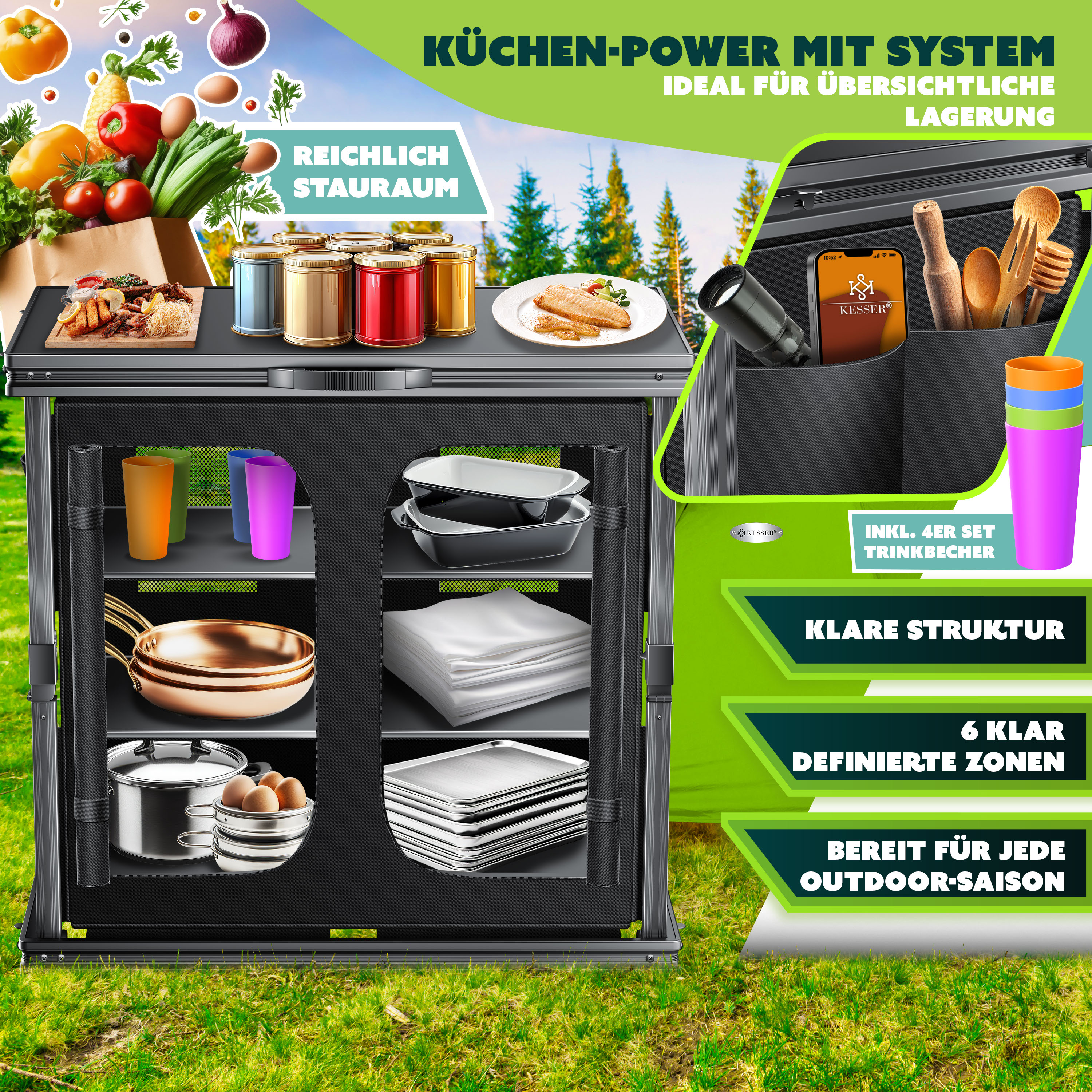 KESSER® Camping Küche faltbar | Outdoor Campingschrank 60/84x80cm | Küchenschrank Aluminiumgestell, 3/6 Fächer inkl 4er Becherset, Seitentaschen & Fliegengitter | Campingküche aus UV-resistentem Stoff | eShopping
